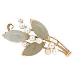 Vintage Mings Gold Branch Brooch with Jade and Pearls in 14k Yellow Gold