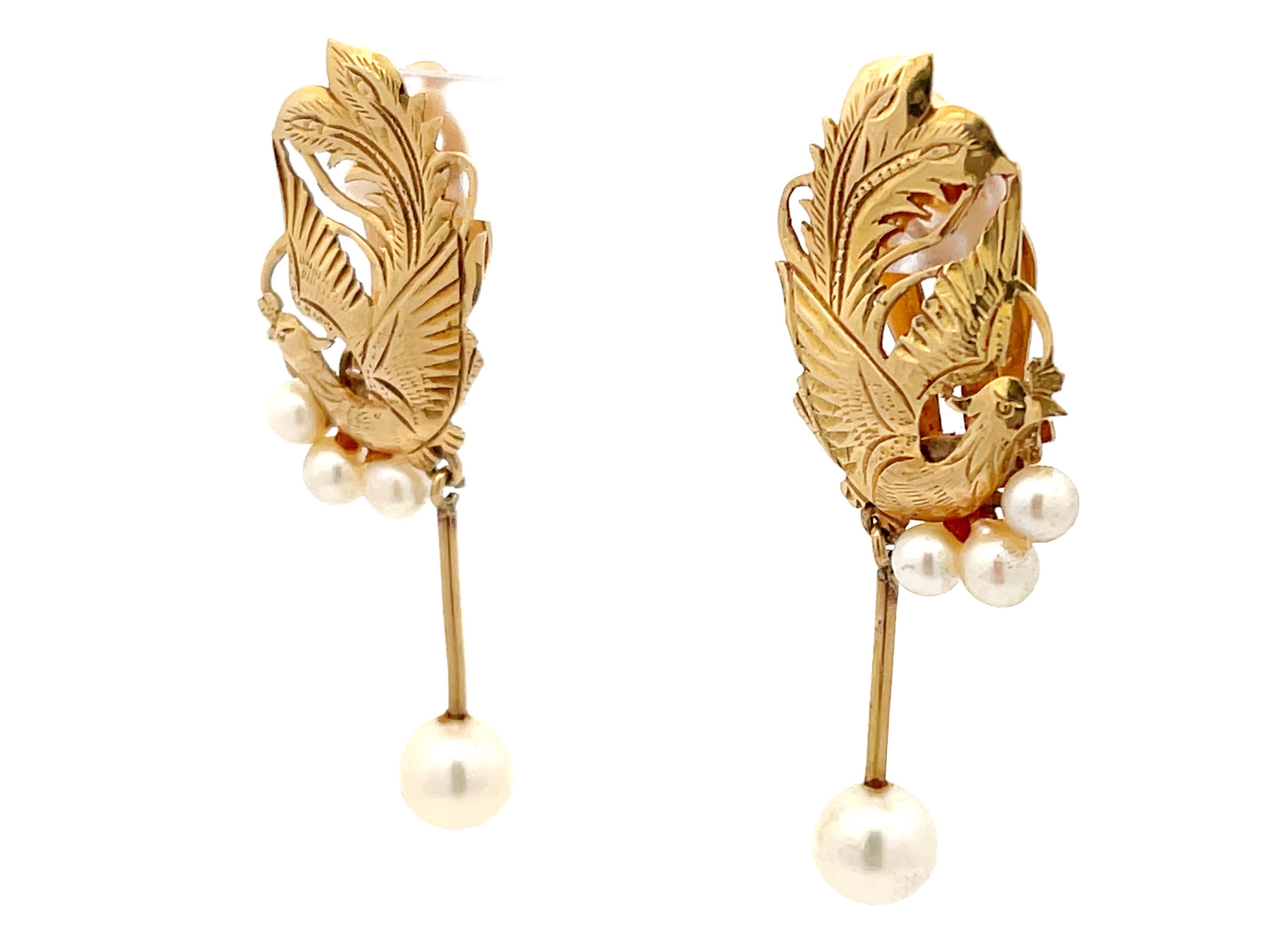 Round Cut Mings Gold Carved Phoenix Clip on Earrings with Dangly Pearl in 14k For Sale