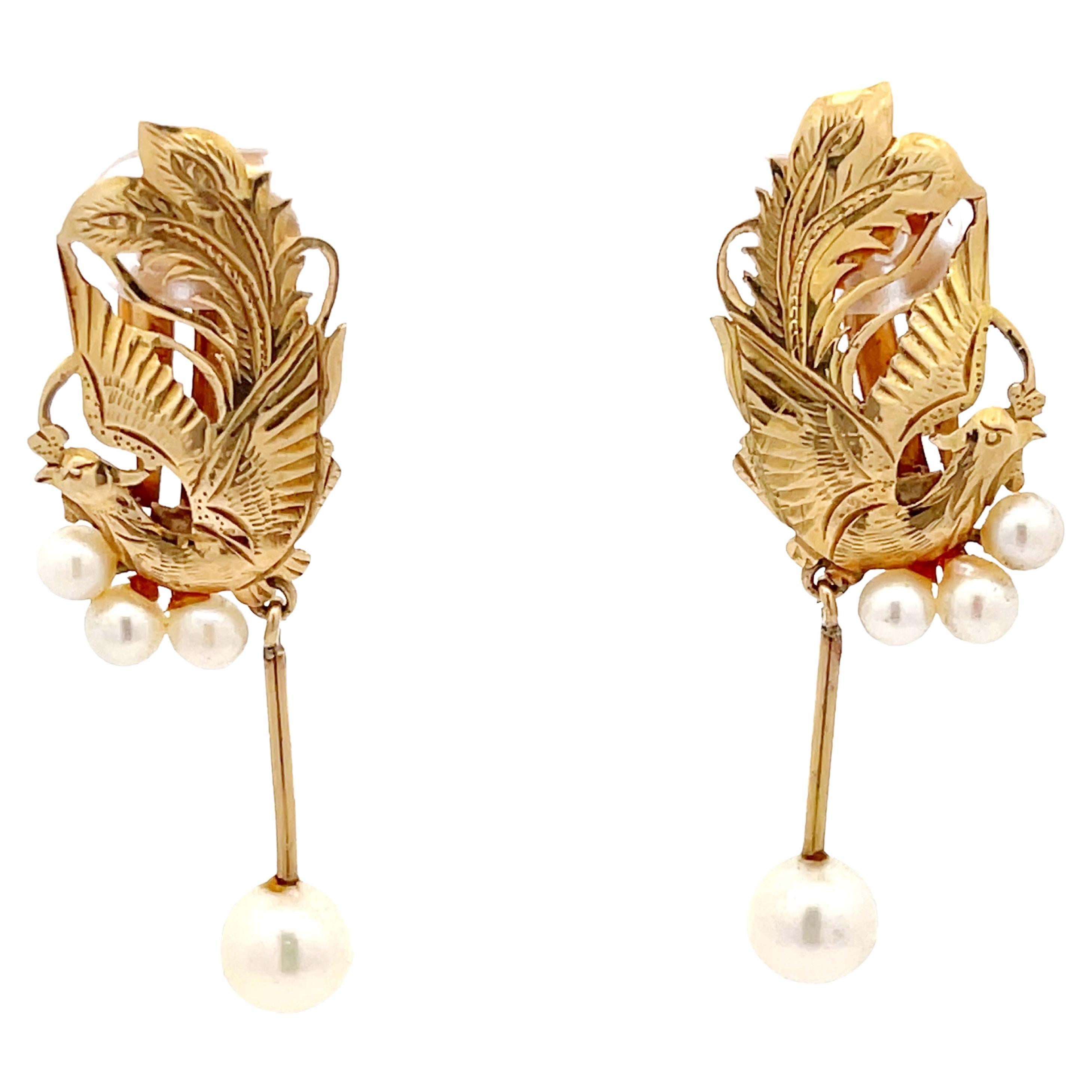 Mings Gold Carved Phoenix Clip on Earrings with Dangly Pearl in 14k For Sale