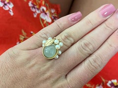 Mings Green Pear Shaped Jade and Pearl Leaf Design Ring in 14k Yellow Gold