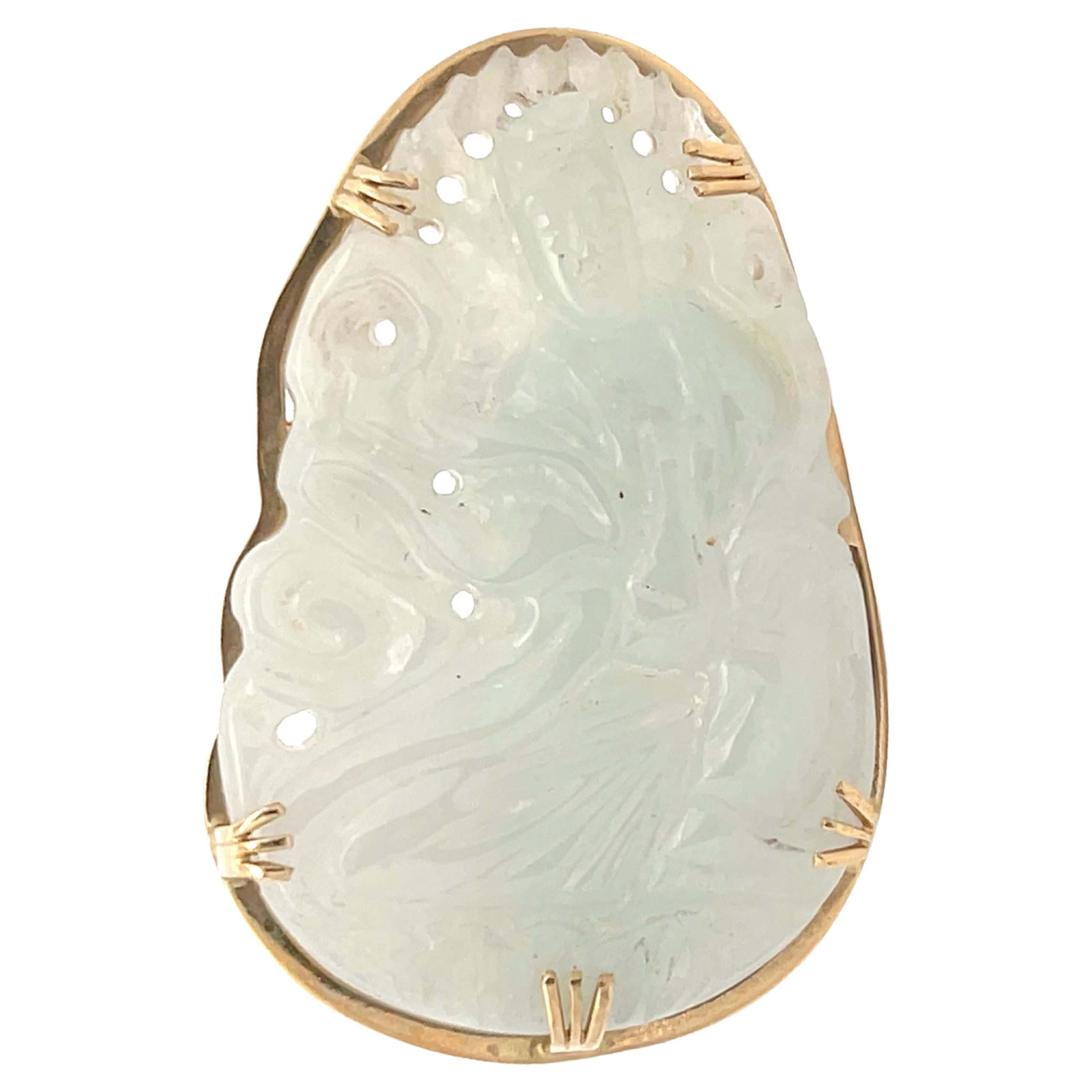 Mings Guanyin Pale Green Jade Carved Brooch Pendant in 14k Yellow Gold For Sale