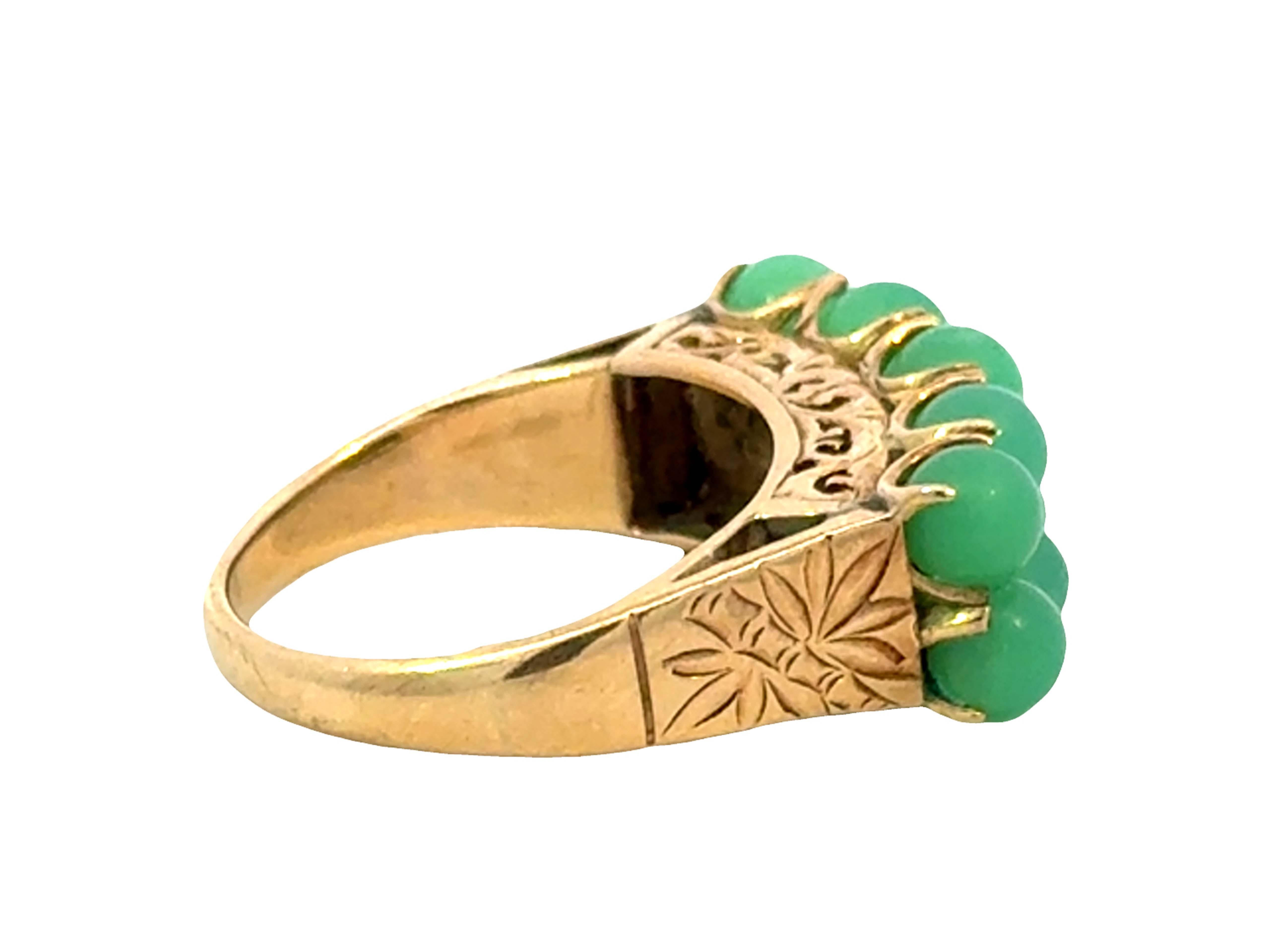 Ming's Hawaii 10 Round Green Jade Sphere Ring 14k Yellow Gold In Excellent Condition For Sale In Honolulu, HI