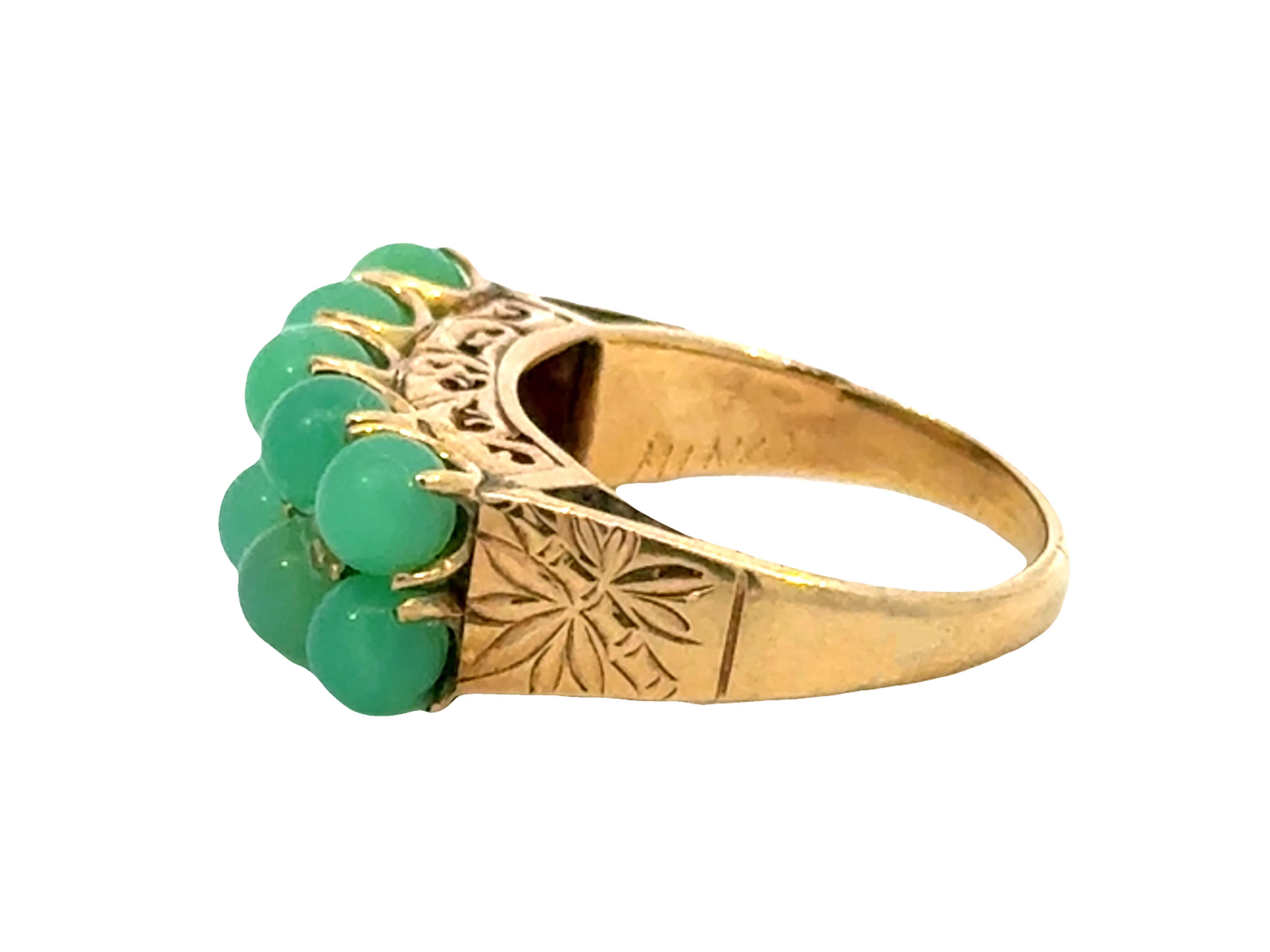 Women's Ming's Hawaii 10 Round Green Jade Sphere Ring 14k Yellow Gold For Sale