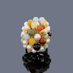 Mings Hawaii 14 Karat Gold Jade Bead Pearl Extra Large Cluster Cocktail Ring