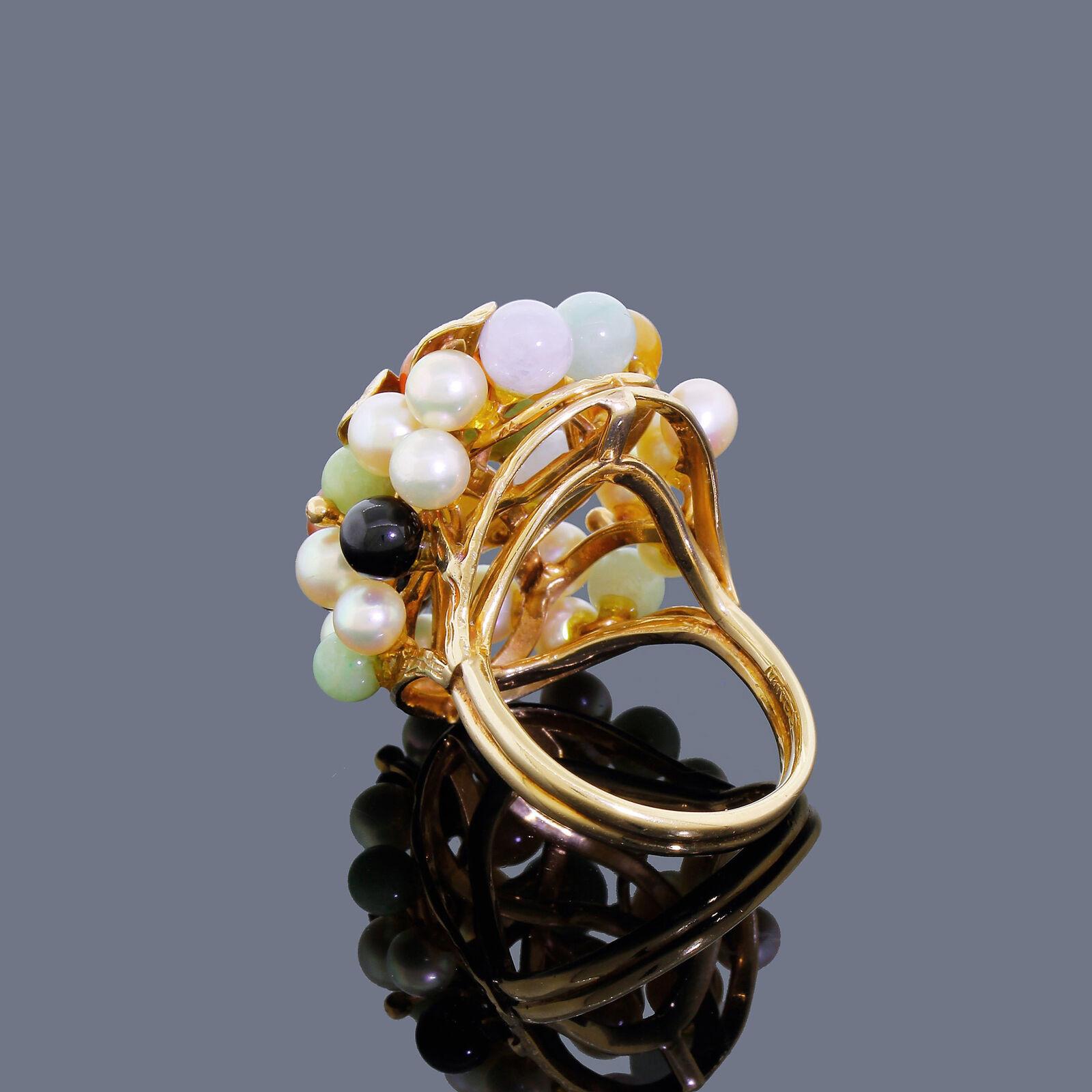 Modern Mings Hawaii 14 Karat Gold Jade Bead Pearl Extra Large Cluster Cocktail Ring