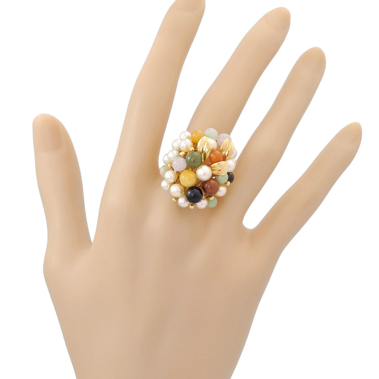 Mings Hawaii 14 Karat Gold Jade Bead Pearl Extra Large Cluster Cocktail Ring In Excellent Condition In Lauderdale by the Sea, FL
