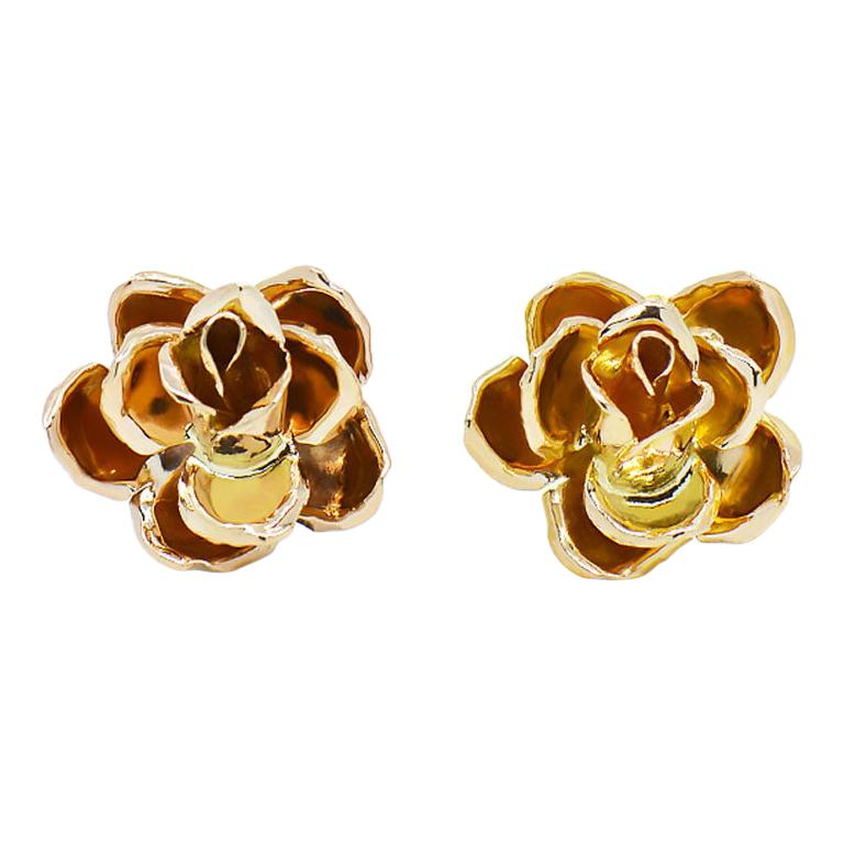 Ming's Hawaii 3D Rose Earrings 14 Karat Yellow Gold For Sale