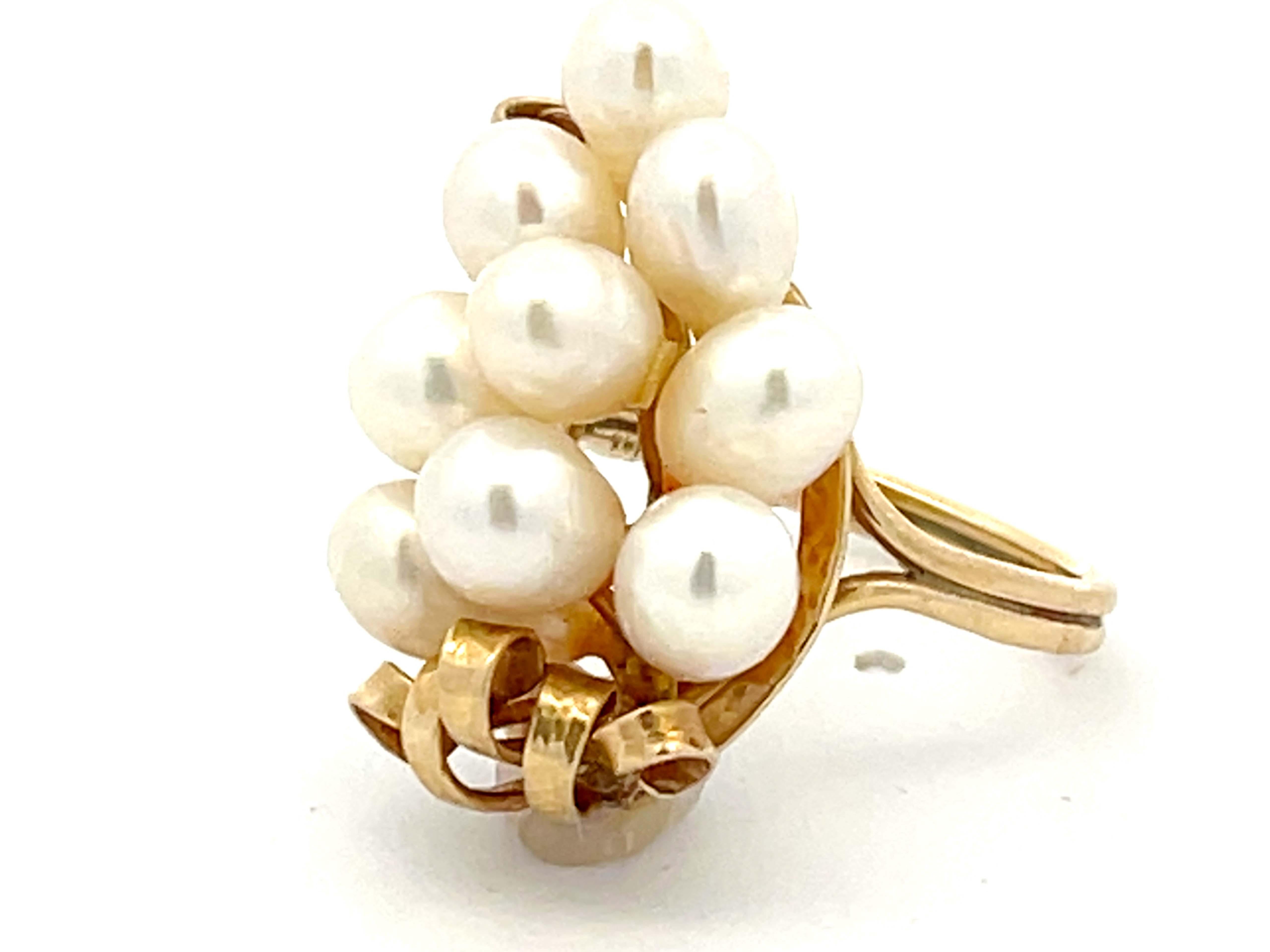 Round Cut Ming's Hawaii Akoya Pearl Cluster Ring 14k Yellow Gold For Sale