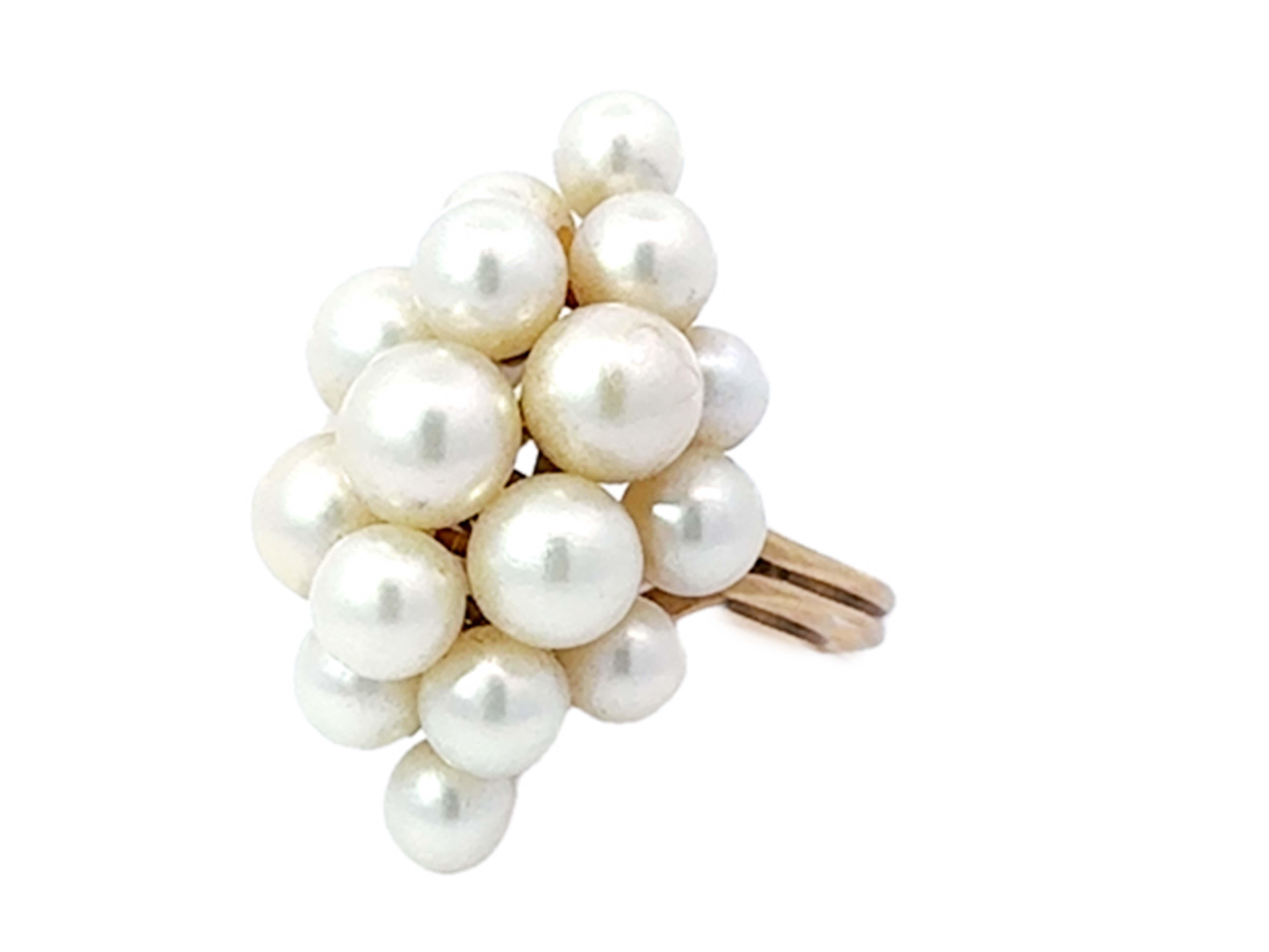 Round Cut Ming's Hawaii Akoya Pearl Cluster Ring 14k Yellow Gold For Sale