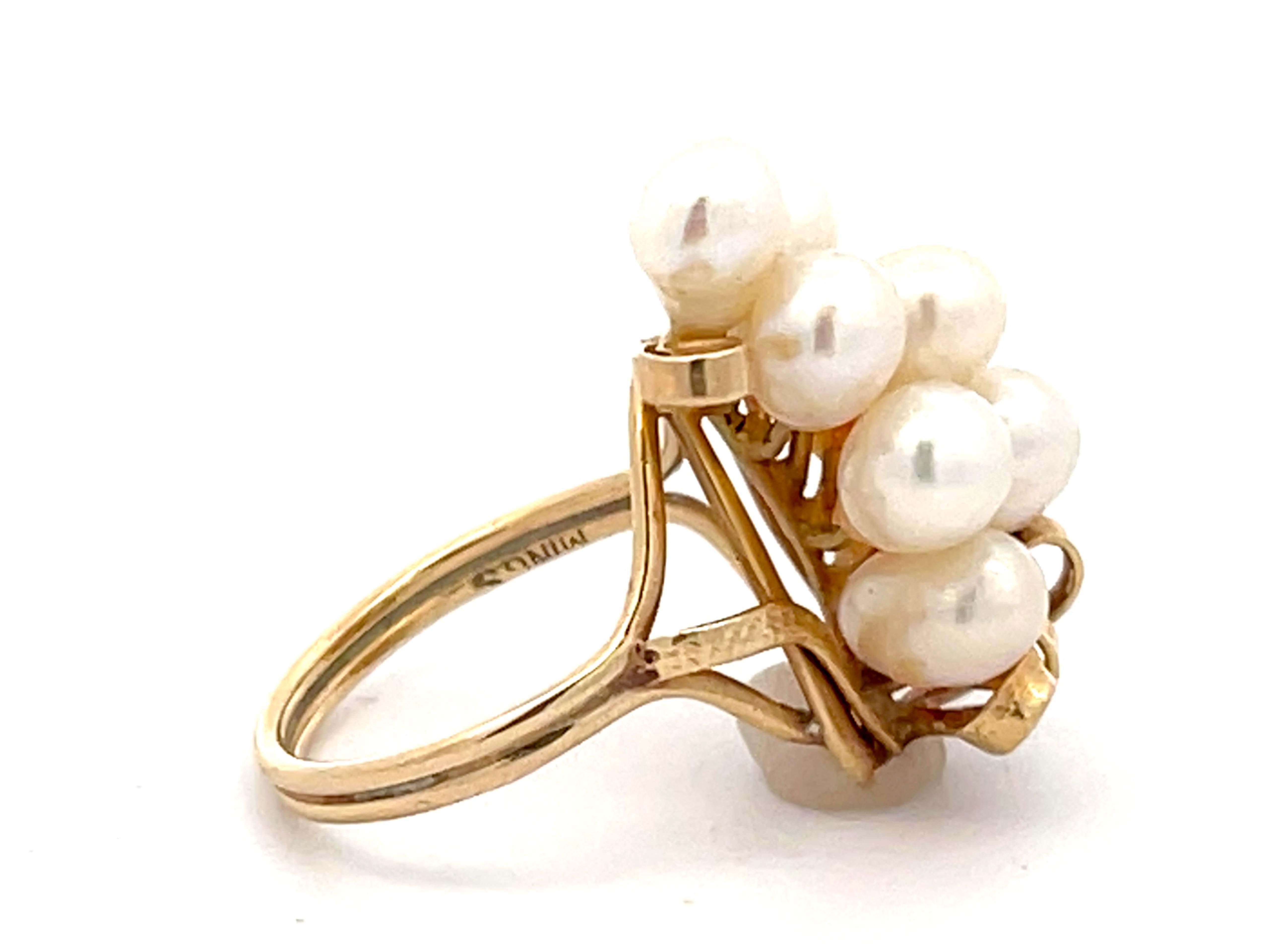 Ming's Hawaii Akoya Pearl Cluster Ring 14k Yellow Gold In Excellent Condition For Sale In Honolulu, HI
