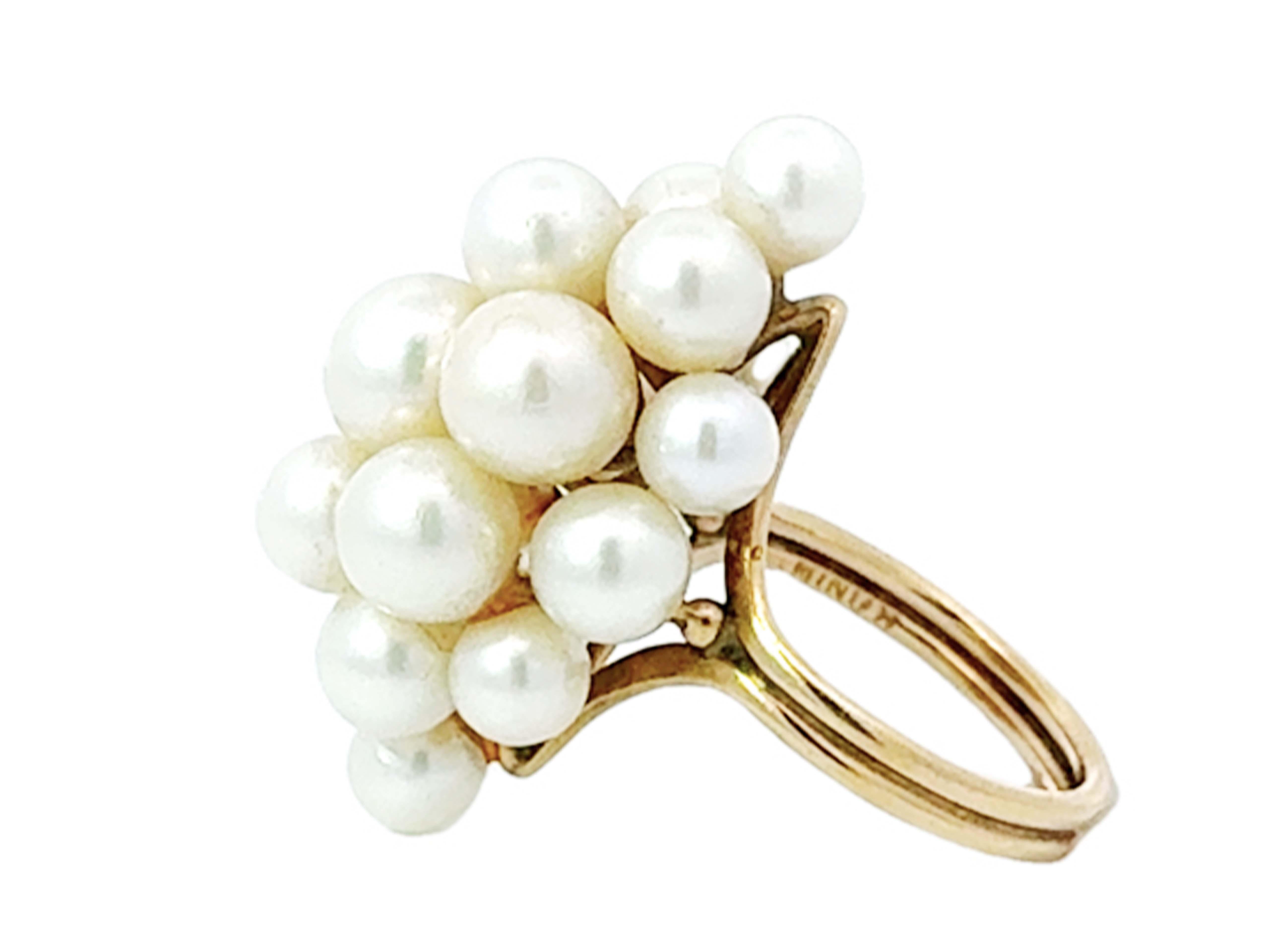Women's Ming's Hawaii Akoya Pearl Cluster Ring 14k Yellow Gold For Sale
