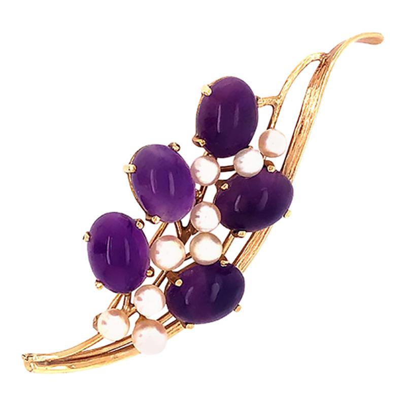 Ming's Hawaii Amethyst and Akoya Pearl 14 Karat Yellow Gold Floral Brooch For Sale