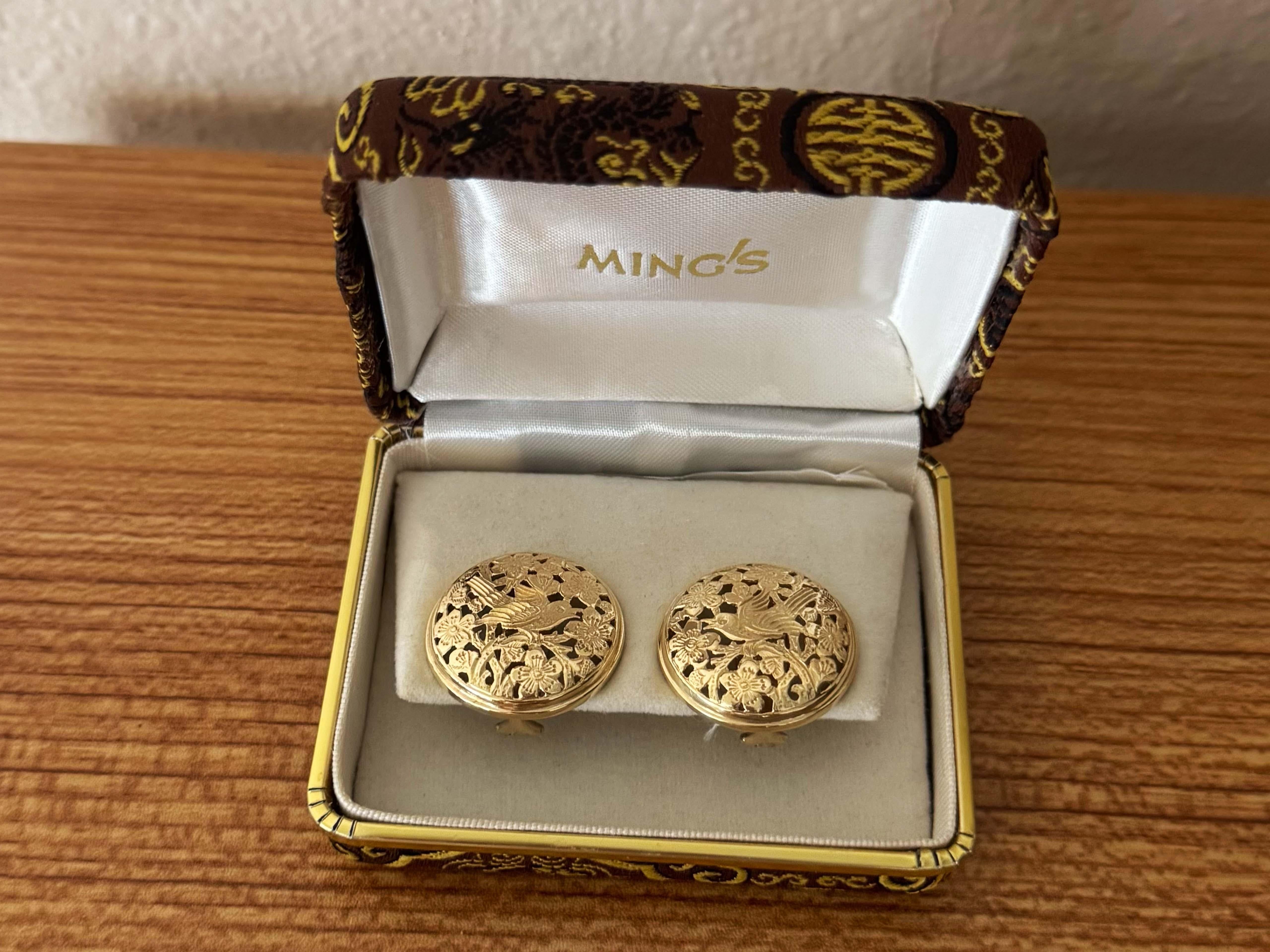 Modern Ming's Hawaii Bird on a Plum Large Round Earrings 14K Yellow Gold
