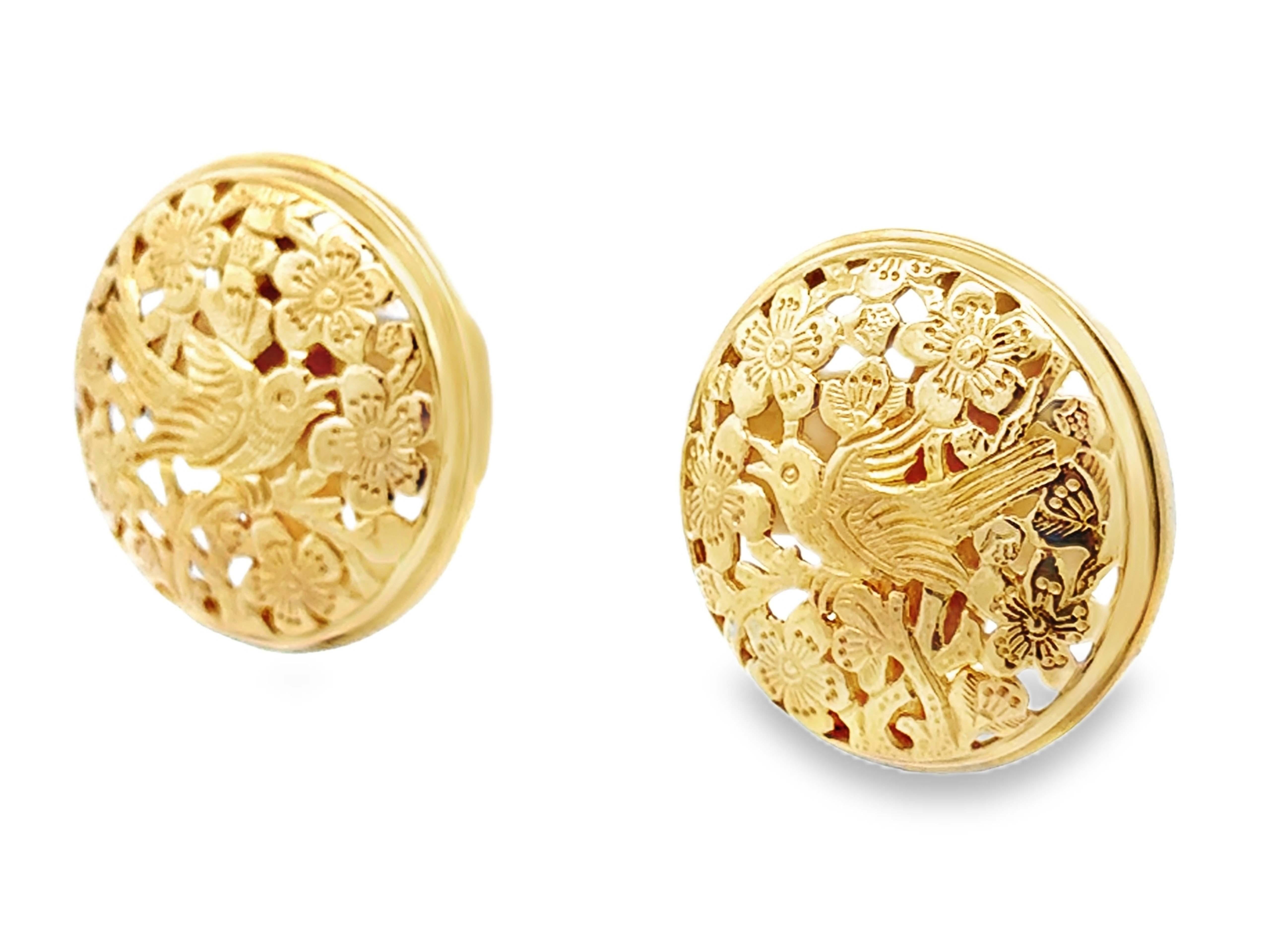 Women's Ming's Hawaii Bird on a Plum Large Round Earrings 14K Yellow Gold