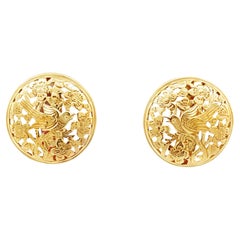 Ming's Hawaii Bird on a Plum Large Round Earrings 14K Yellow Gold