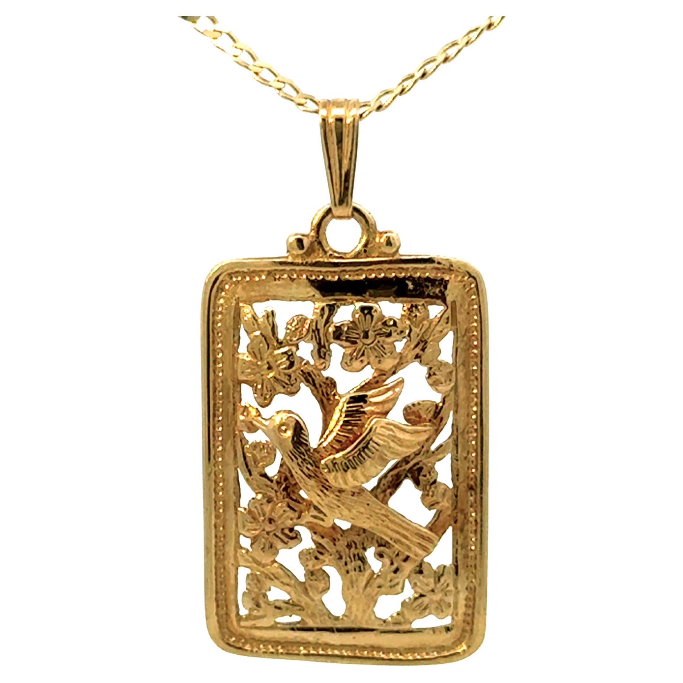 Ming's Hawaii Bird on a Plum Rectangular Necklace 14k Yellow Gold