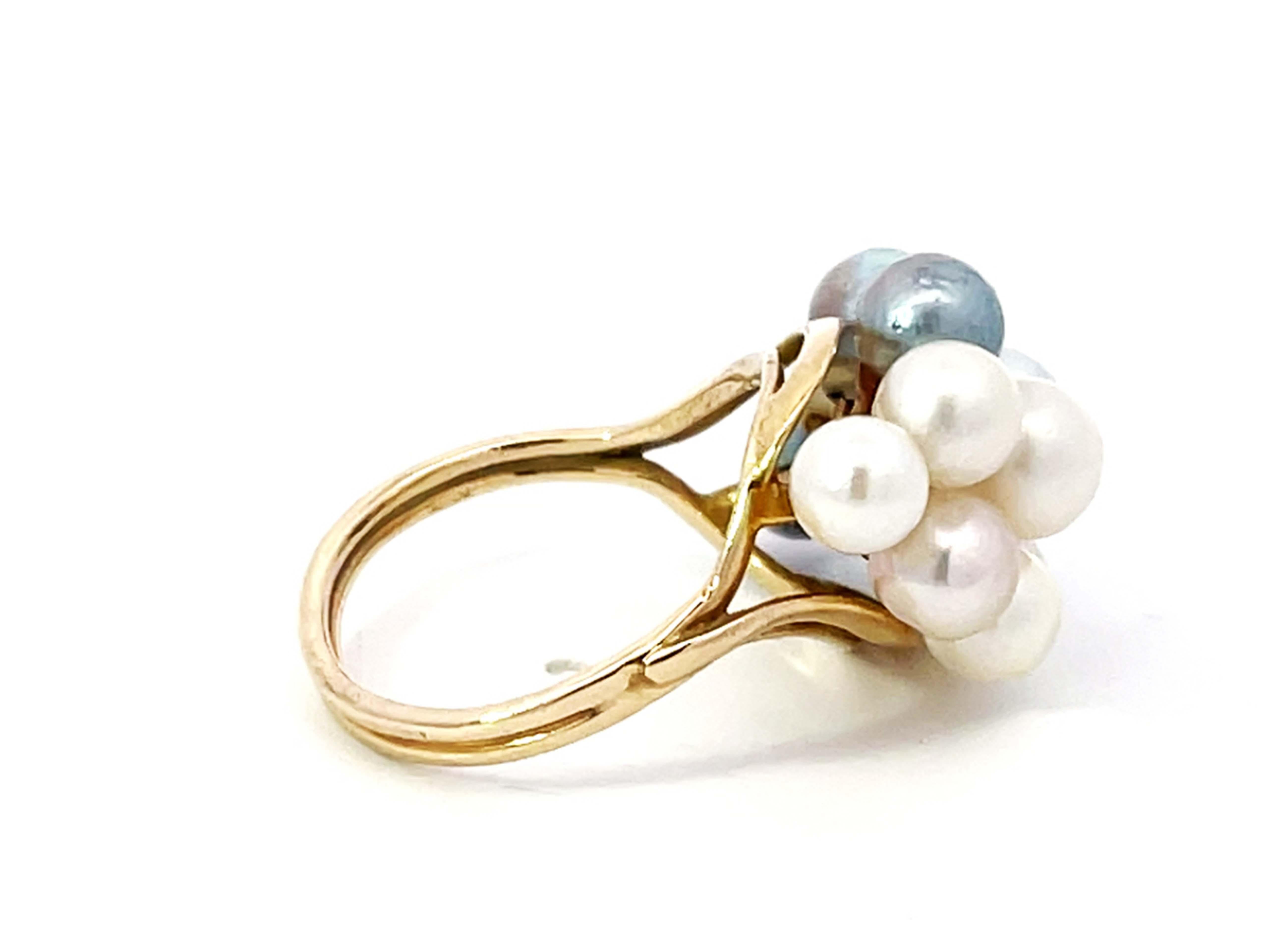 Ming's Hawaii Blue and White Pearl Ring 14k Yellow Gold In Excellent Condition For Sale In Honolulu, HI