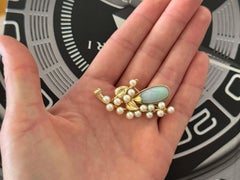Mings Hawaii Cabochon Pear Shaped Jade and Pearl Leaf Branch 14k Yellow Gold