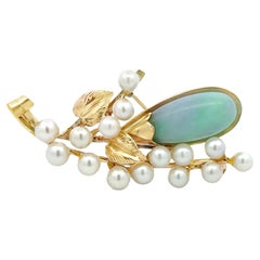 Mings Hawaii Cabochon Pear Shaped Jade and Pearl Leaf Branch 14k Yellow Gold