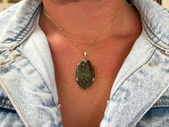 Mings Hawaii Carved Green and Red Oval Jade Pendant and Chain in 14k Yellow Gold
