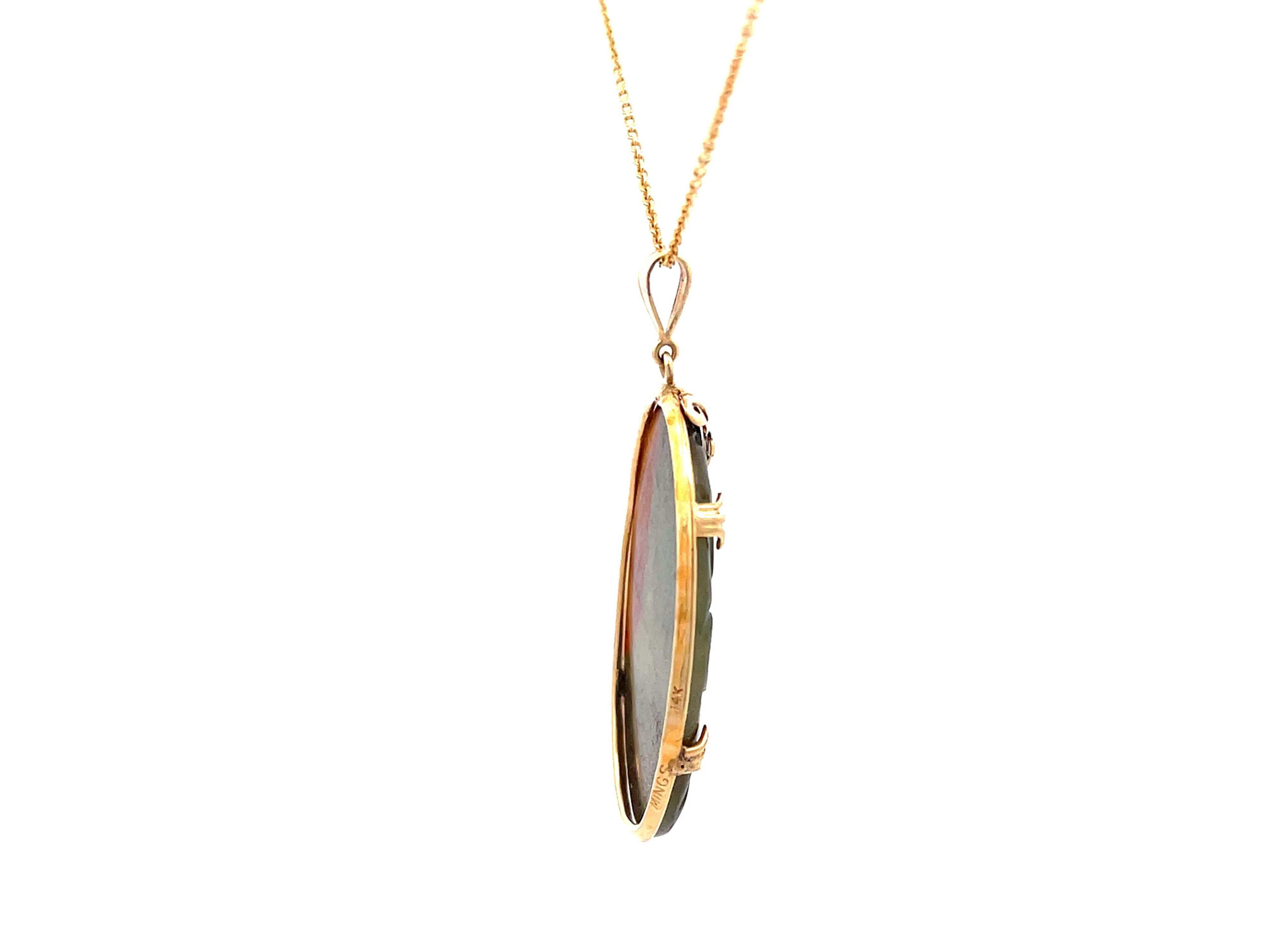 Modern Mings Hawaii Carved Green and Red Oval Jade Pendant and Chain in 14k Yellow Gold For Sale