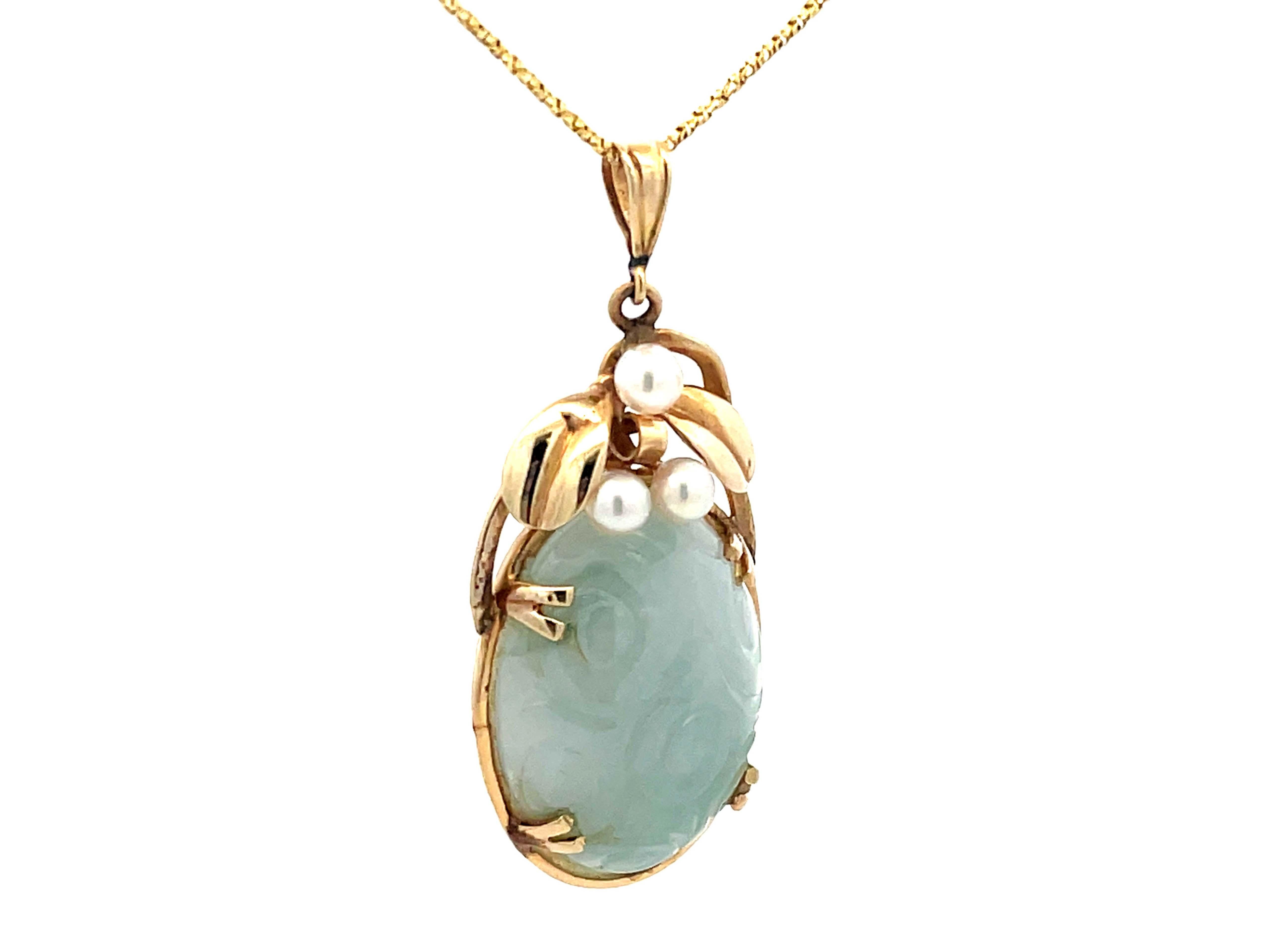 Modern Mings Hawaii Carved Nephrite Jade & Pearl Pendant in 14k Yellow Gold with Chain For Sale