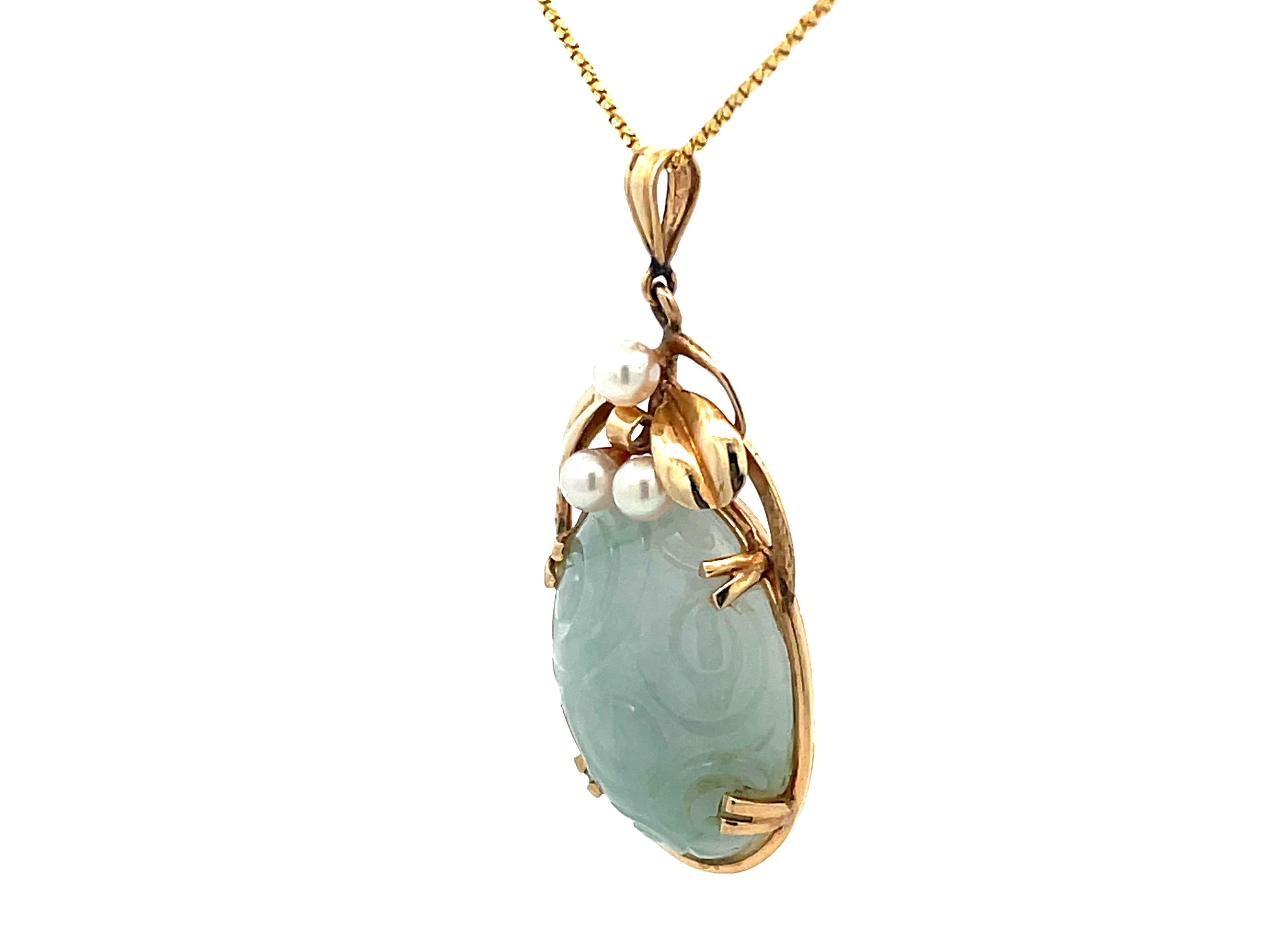 Oval Cut Mings Hawaii Carved Nephrite Jade & Pearl Pendant in 14k Yellow Gold with Chain For Sale
