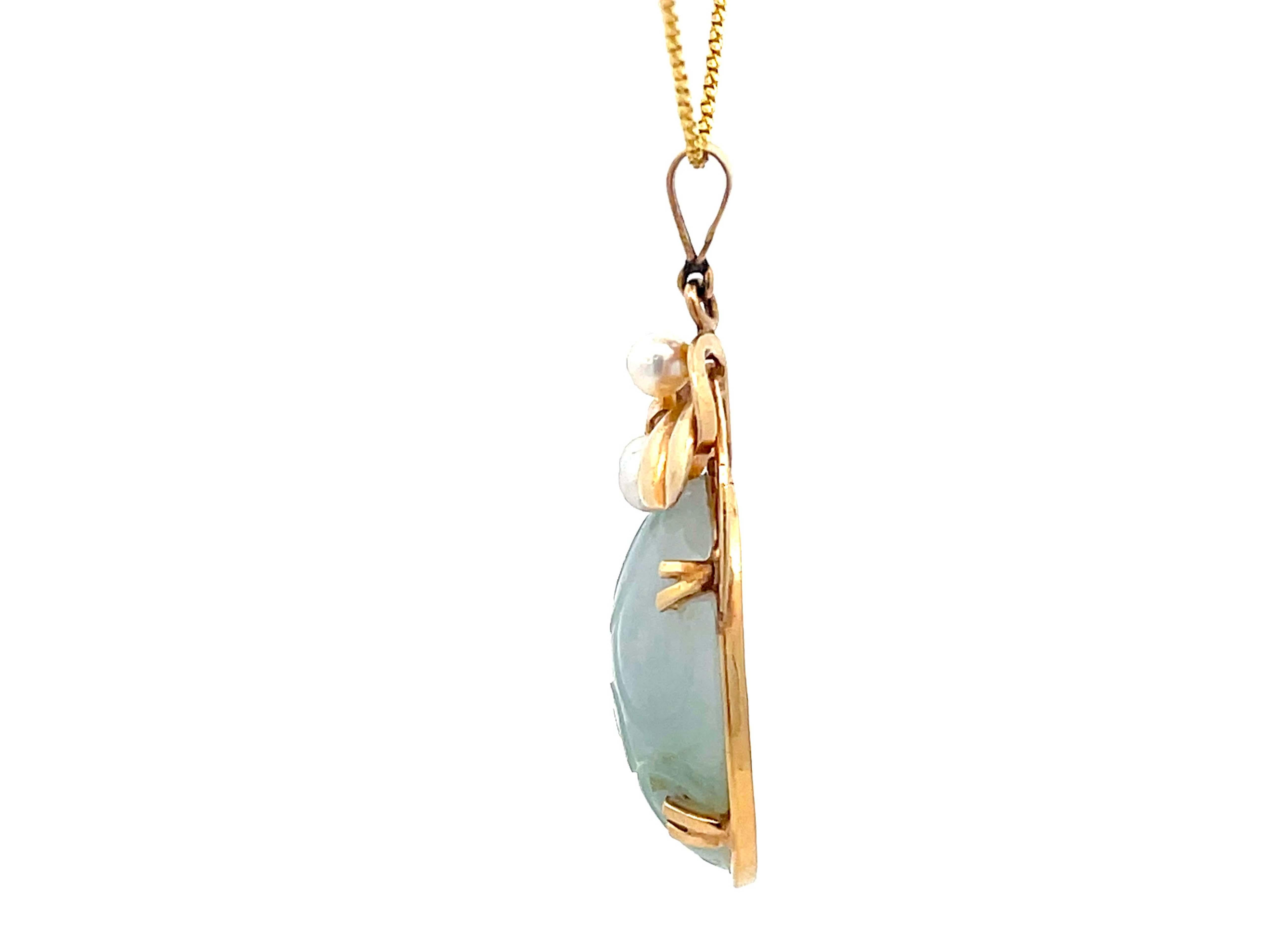 Women's Mings Hawaii Carved Nephrite Jade & Pearl Pendant in 14k Yellow Gold with Chain For Sale