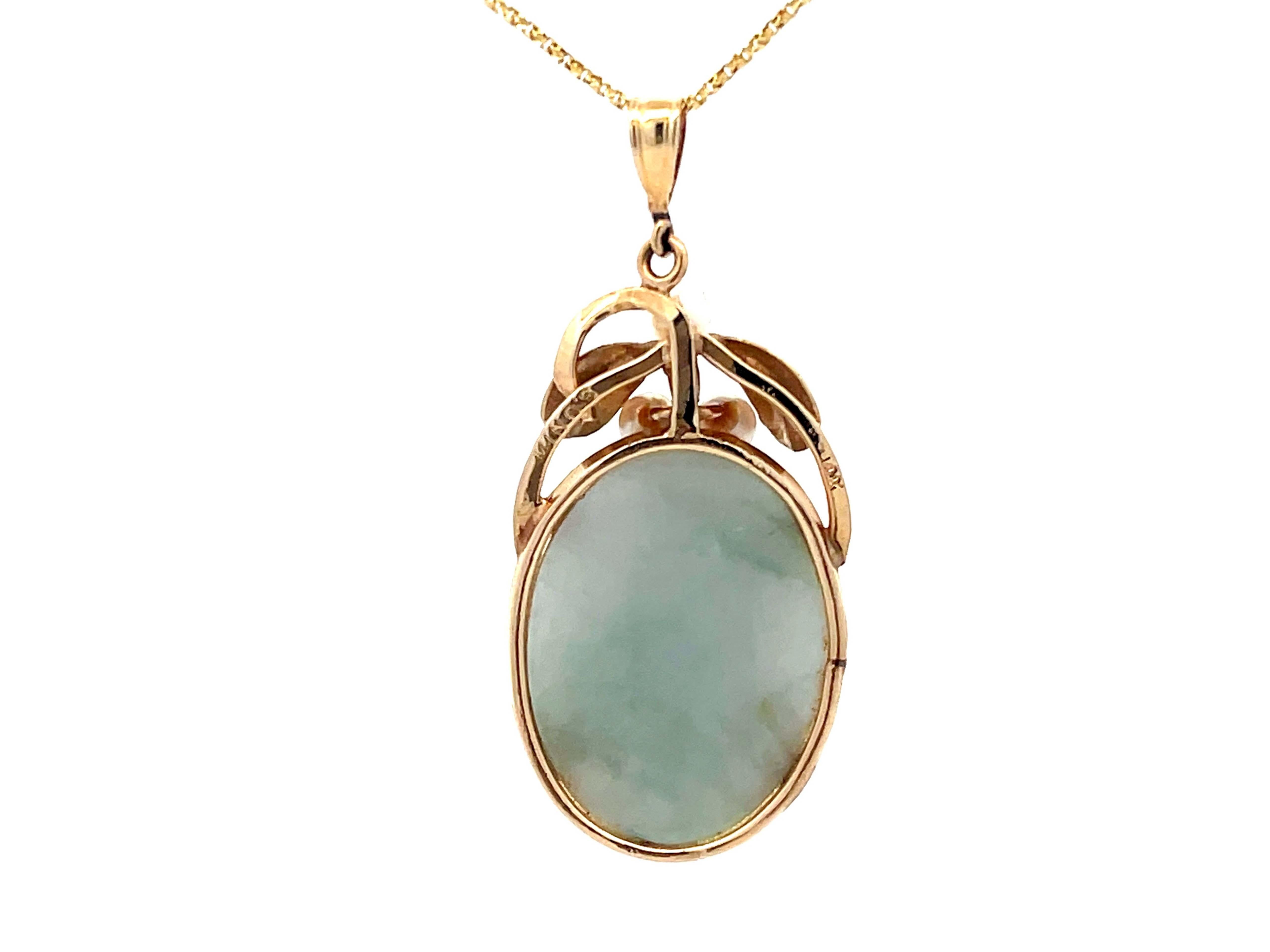 Mings Hawaii Carved Nephrite Jade & Pearl Pendant in 14k Yellow Gold with Chain For Sale 1