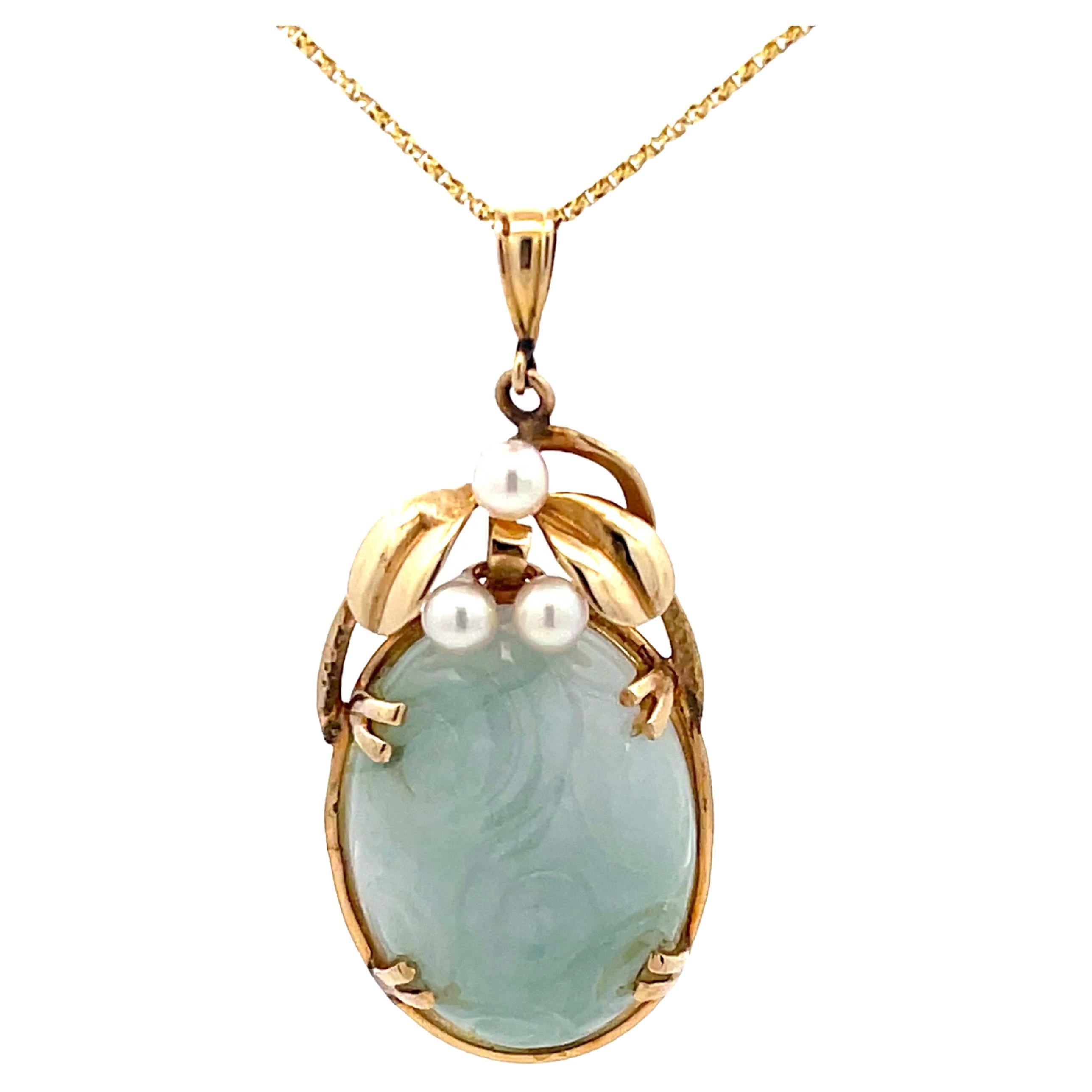 Mings Hawaii Carved Nephrite Jade & Pearl Pendant in 14k Yellow Gold with Chain For Sale