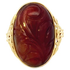 Mings Hawaii Carved Red Brown Jade Ring 14k Yellow Gold