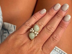 Mings Hawaii Double Jade and Pearl Ring in 14Karat Yellow Gold