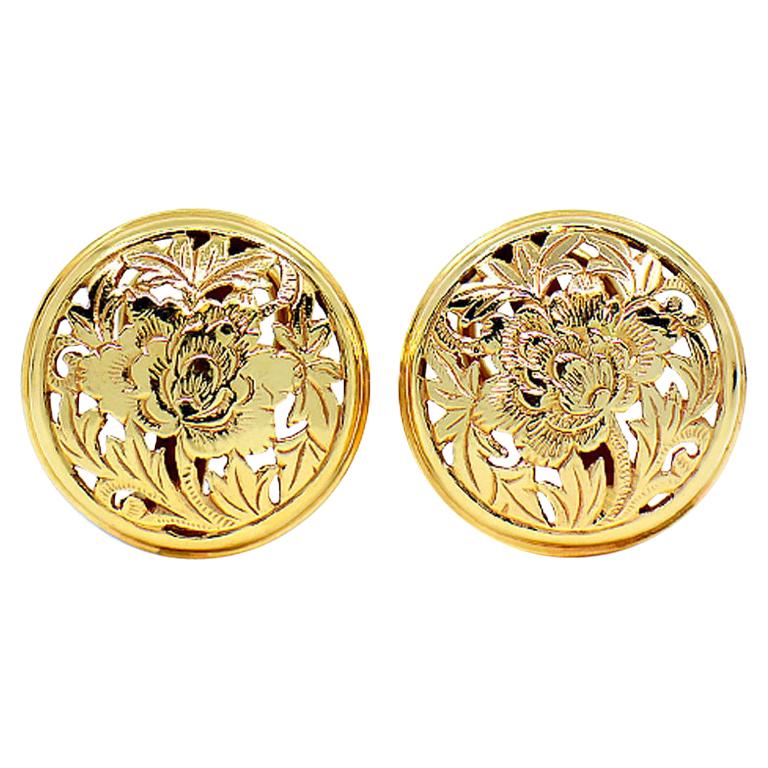 Ming's Hawaii Four Seasons Disc Earrings 14 Karat Yellow Gold Post and Clip Back
