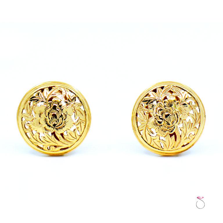 Ming's Hawaii Four Seasons Disc Earrings 14 Karat Yellow Gold Post and Clip Back In Excellent Condition In Honolulu, HI