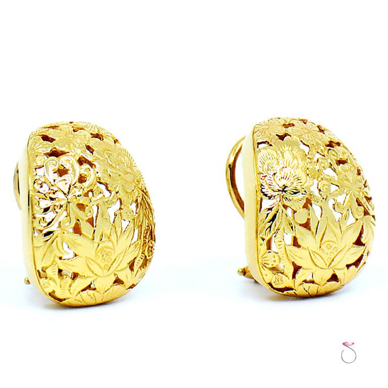A gorgeous Ming's Hawaii earrings in 14k yellow gold. The cut out design of this beautiful and the highly desirable four seasons design is just stunning. These earrings are handcrafted in beautiful intricate details and great workmanship. These