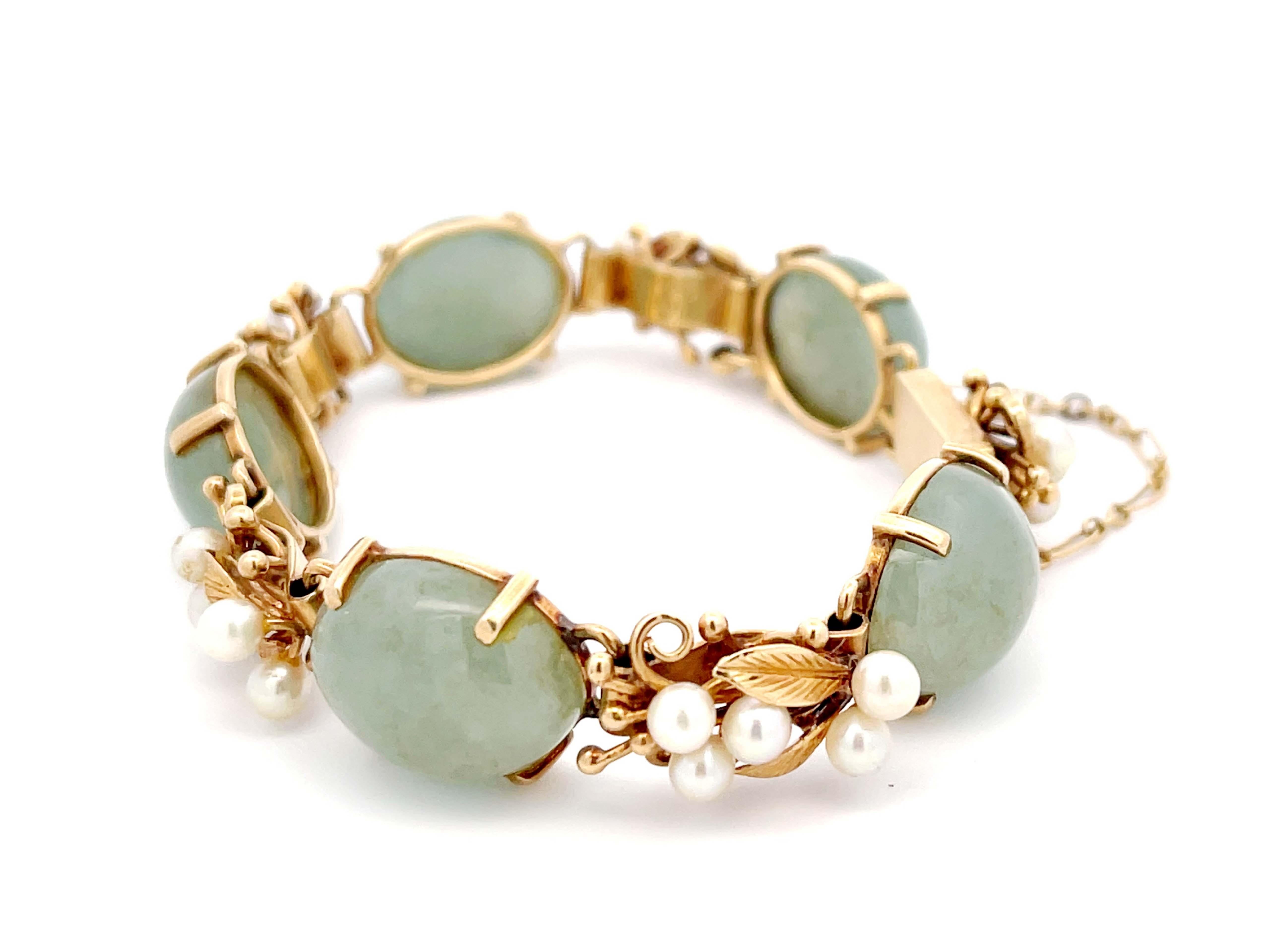 Taille ronde Mings Bracelet Hawaii en or jaune 14 carats avec feuilles de jade et perles en vente