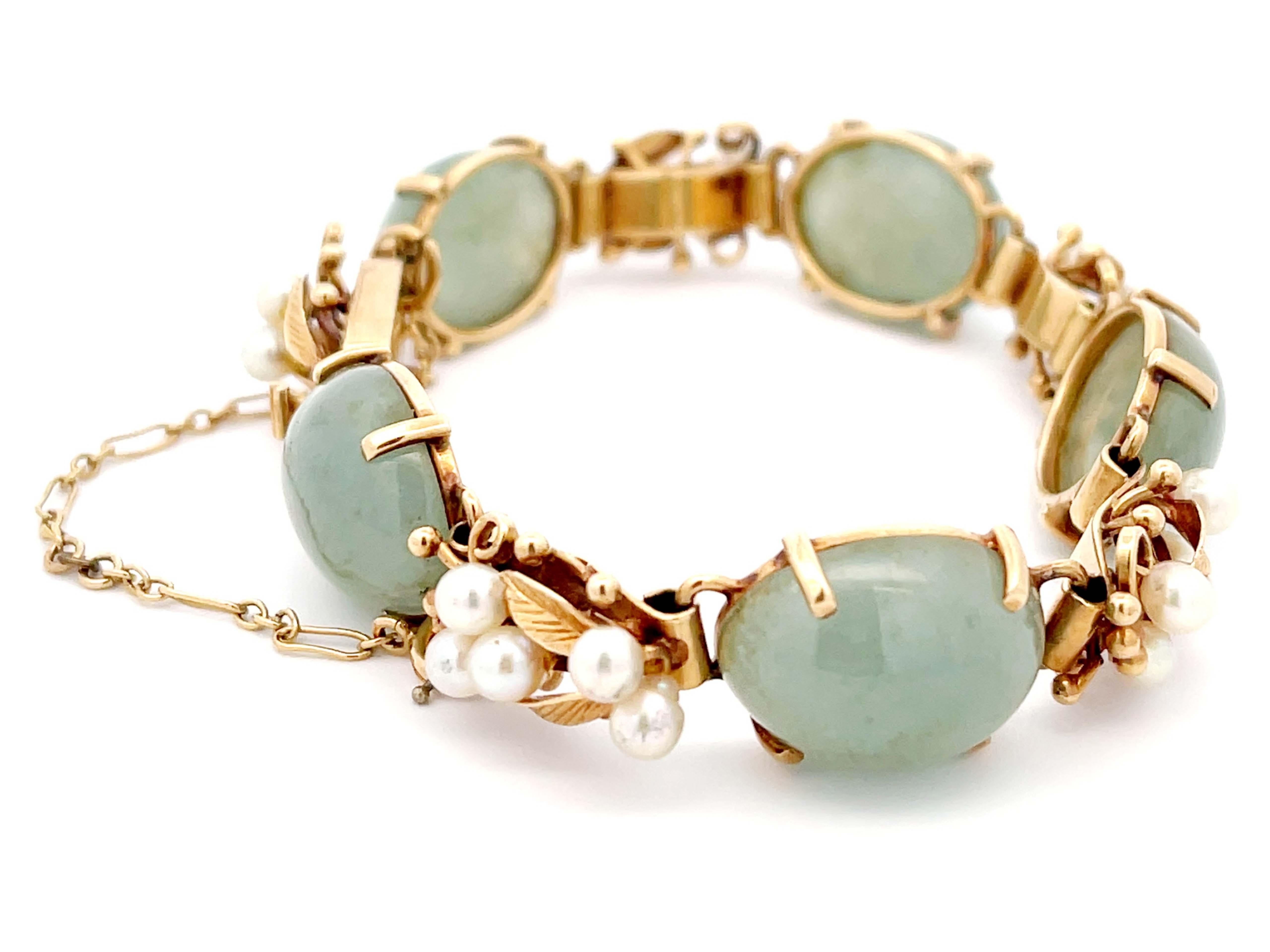 Mings Bracelet Hawaii en or jaune 14 carats avec feuilles de jade et perles Excellent état - En vente à Honolulu, HI