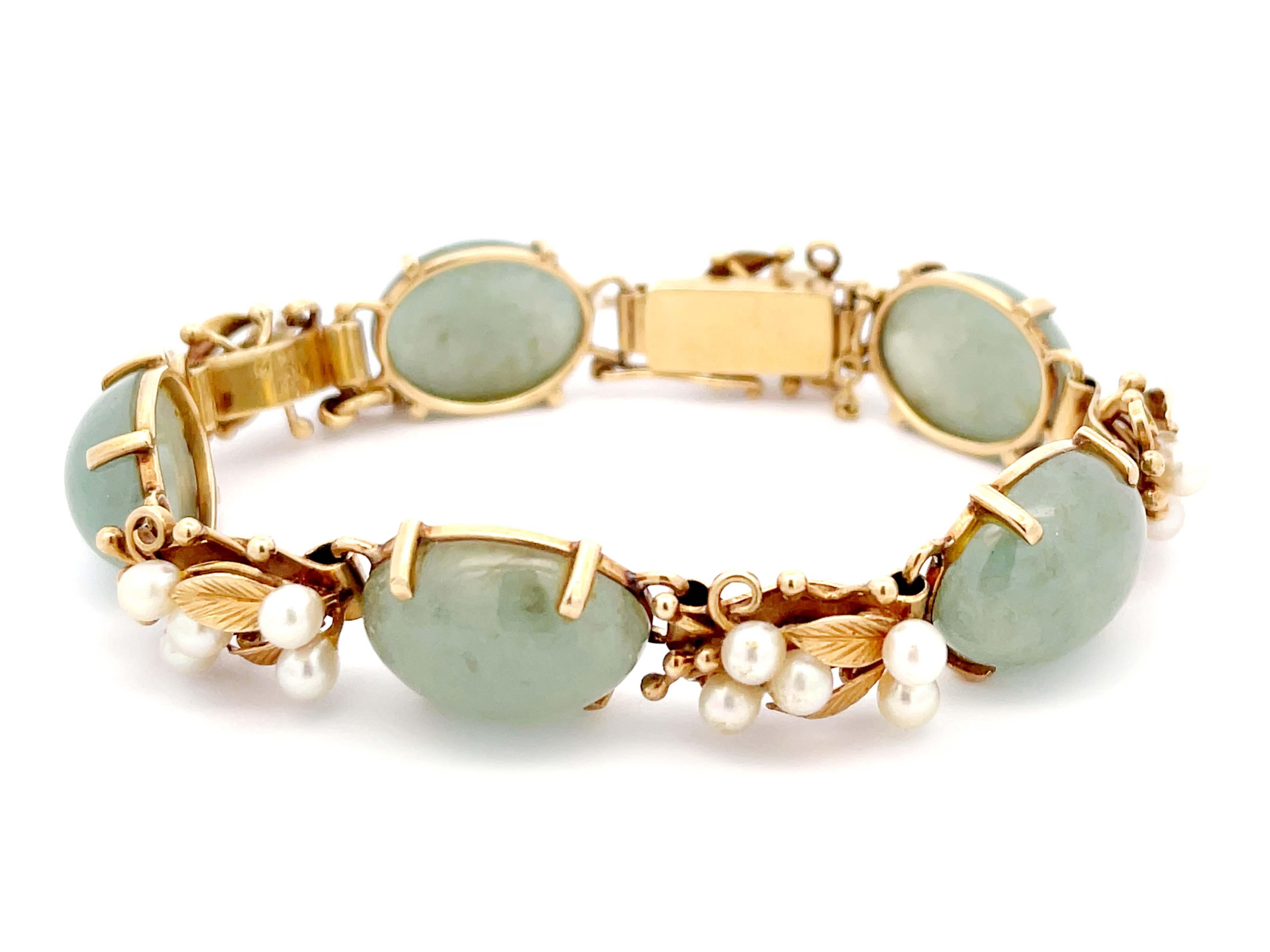 Modern Mings Hawaii Jade and Pearl Leaf Bracelet in 14k Yellow Gold For Sale