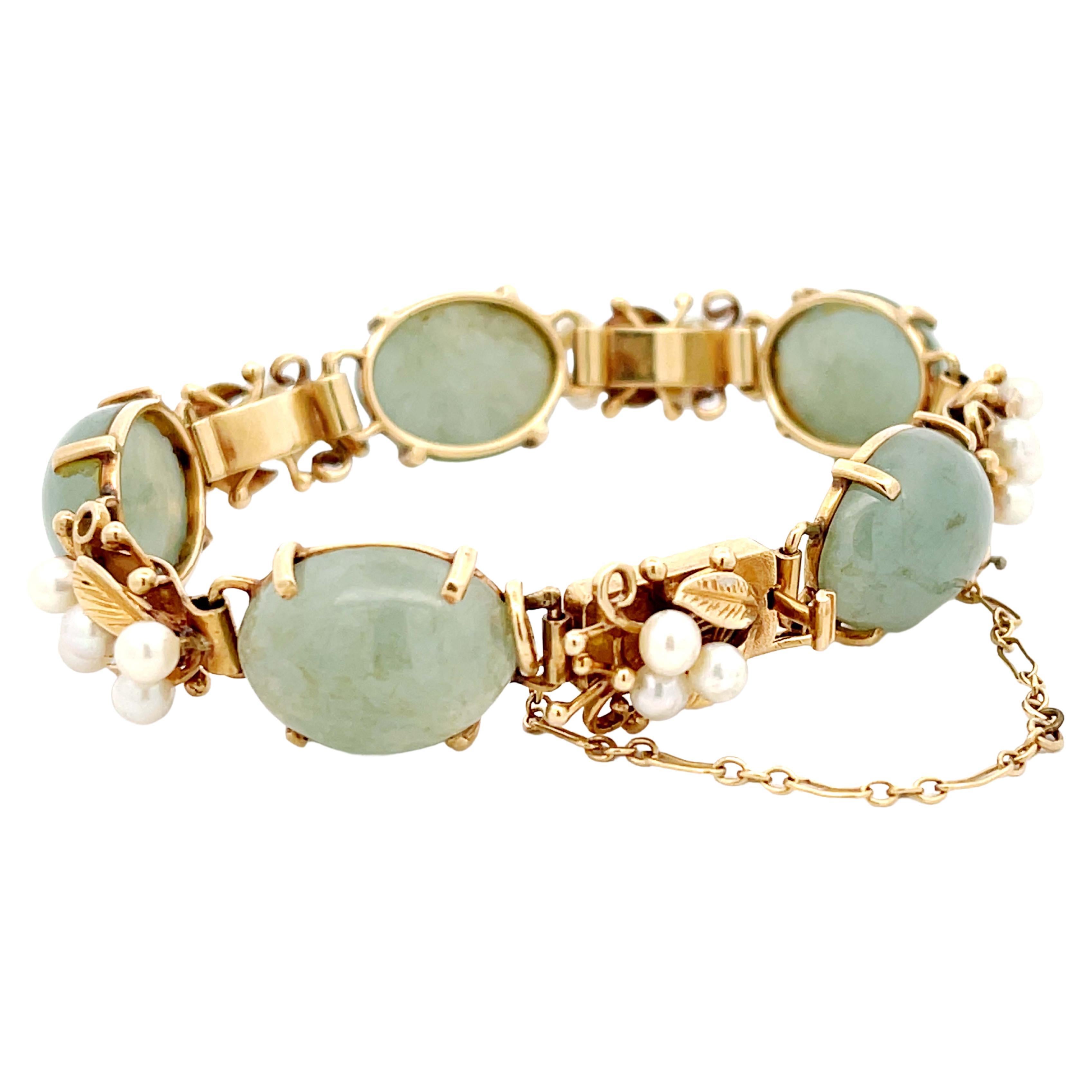 Mings Hawaii Jade and Pearl Leaf Bracelet in 14k Yellow Gold For Sale