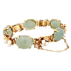 Vintage Mings Hawaii Jade and Pearl Leaf Bracelet in 14k Yellow Gold