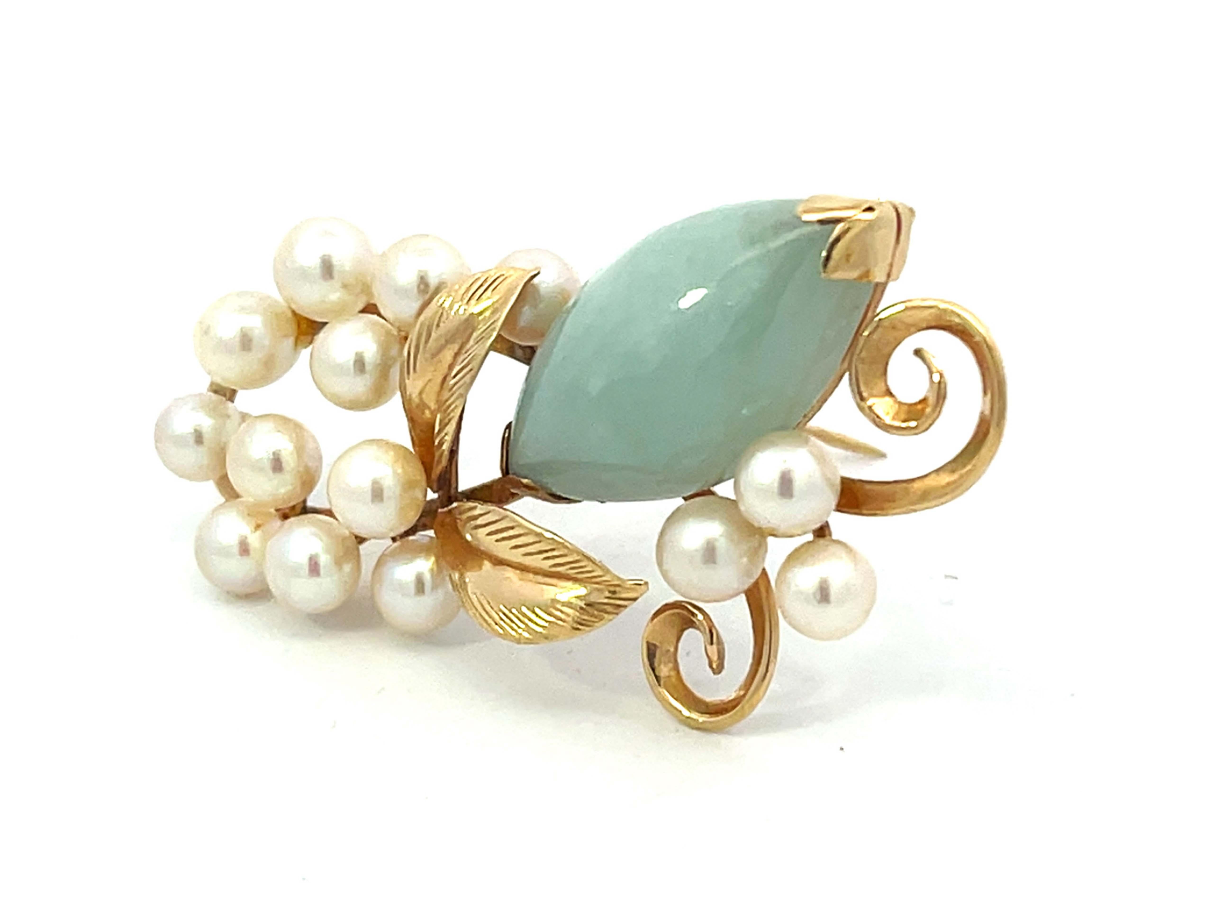 Modern Mings Hawaii Jade and Pearl Leaf Branch Brooch in 14k Yellow Gold For Sale