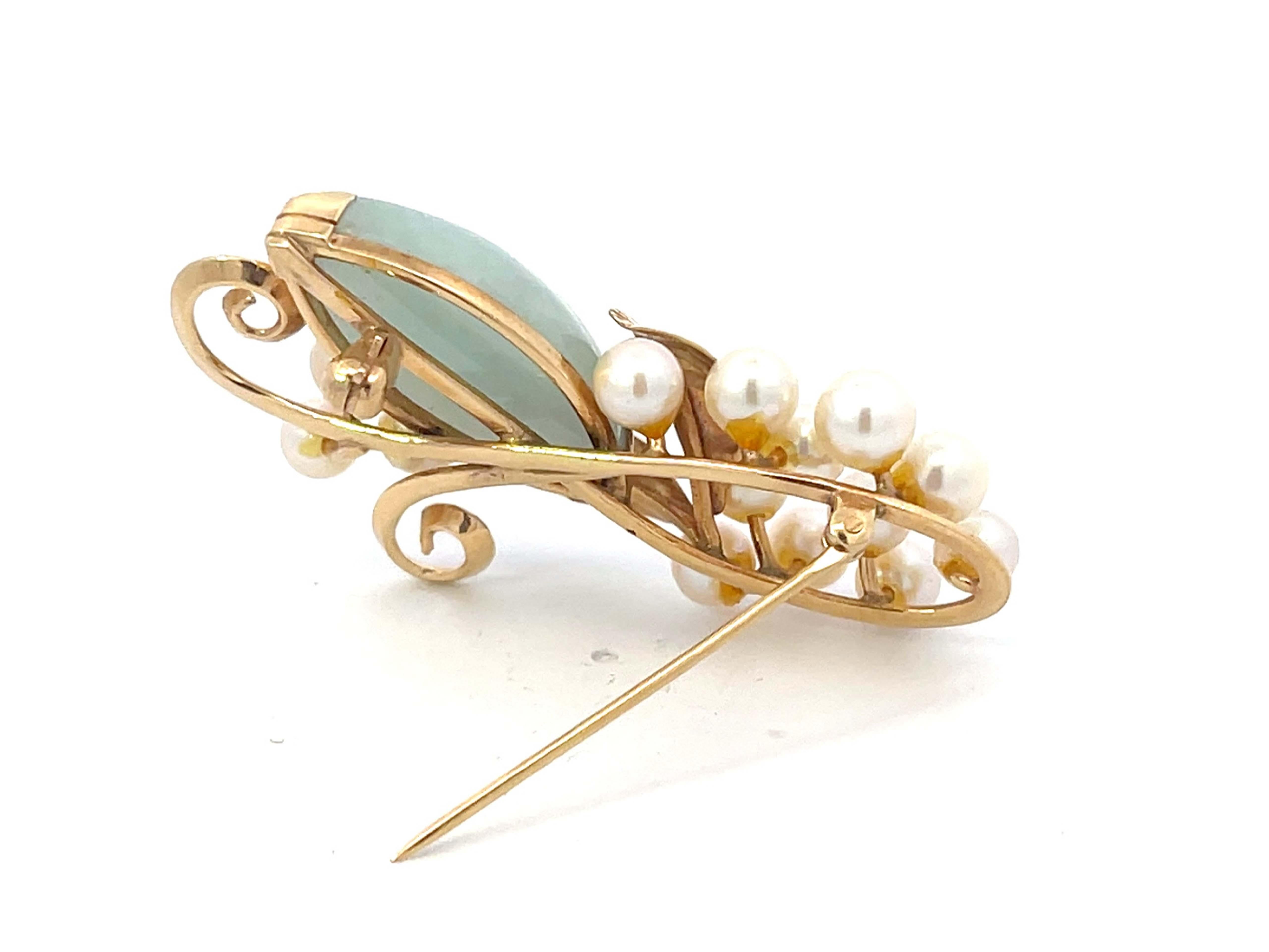 Women's Mings Hawaii Jade and Pearl Leaf Branch Brooch in 14k Yellow Gold For Sale