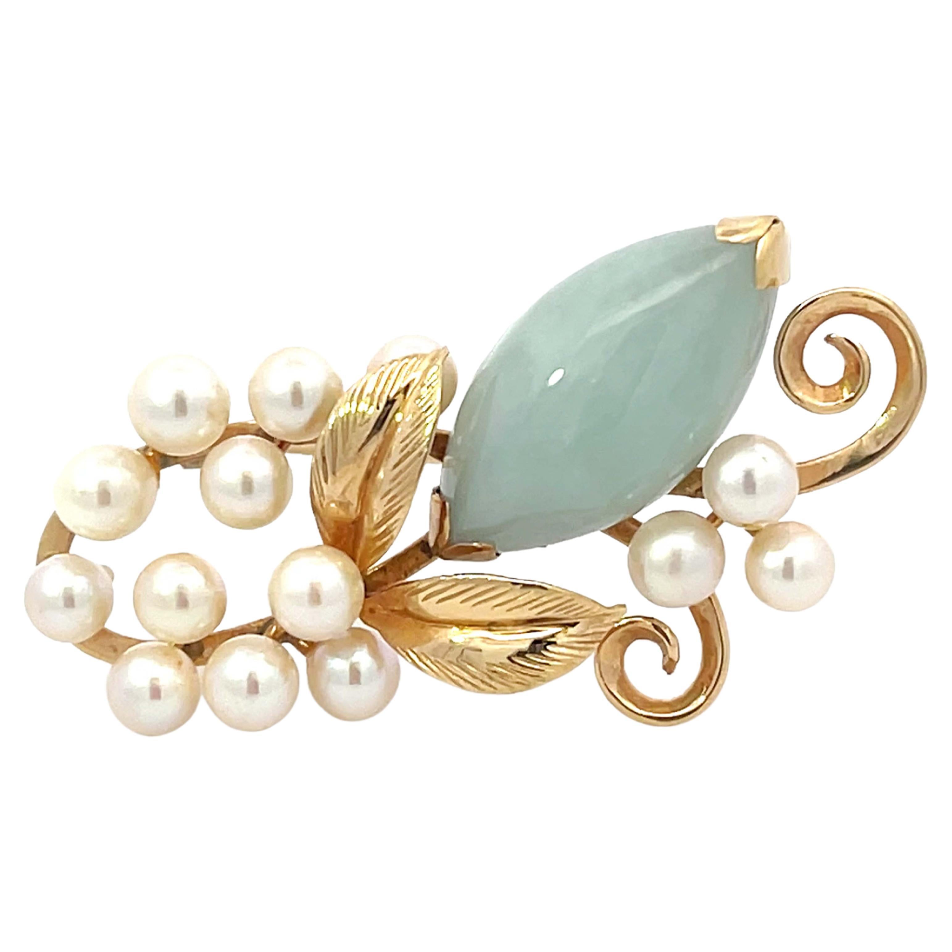 Mings Hawaii Jade and Pearl Leaf Branch Brooch in 14k Yellow Gold For Sale