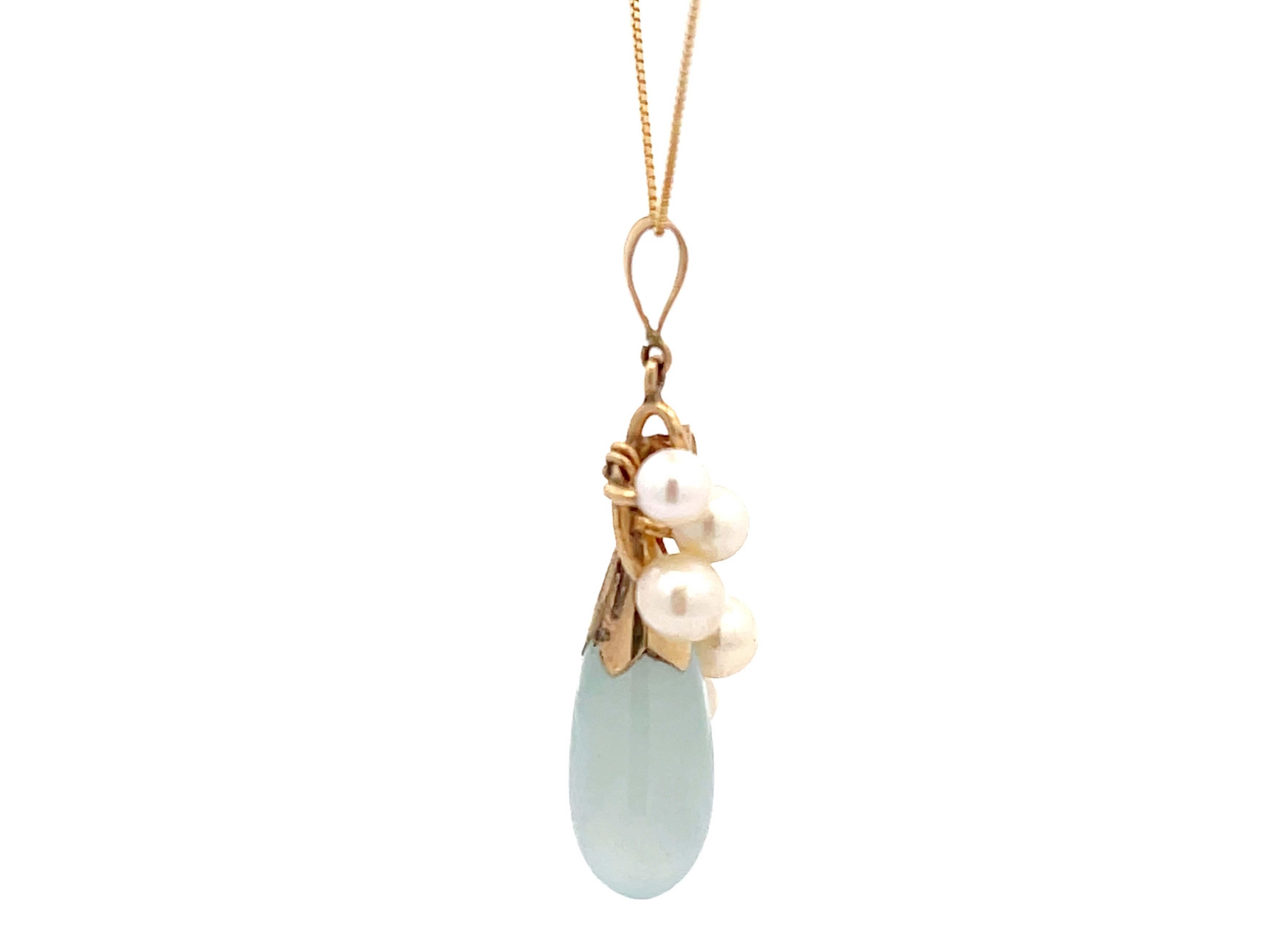 Modern Mings Hawaii Jade and Pearl Leaf Pendant in 14k Yellow Gold with Chain