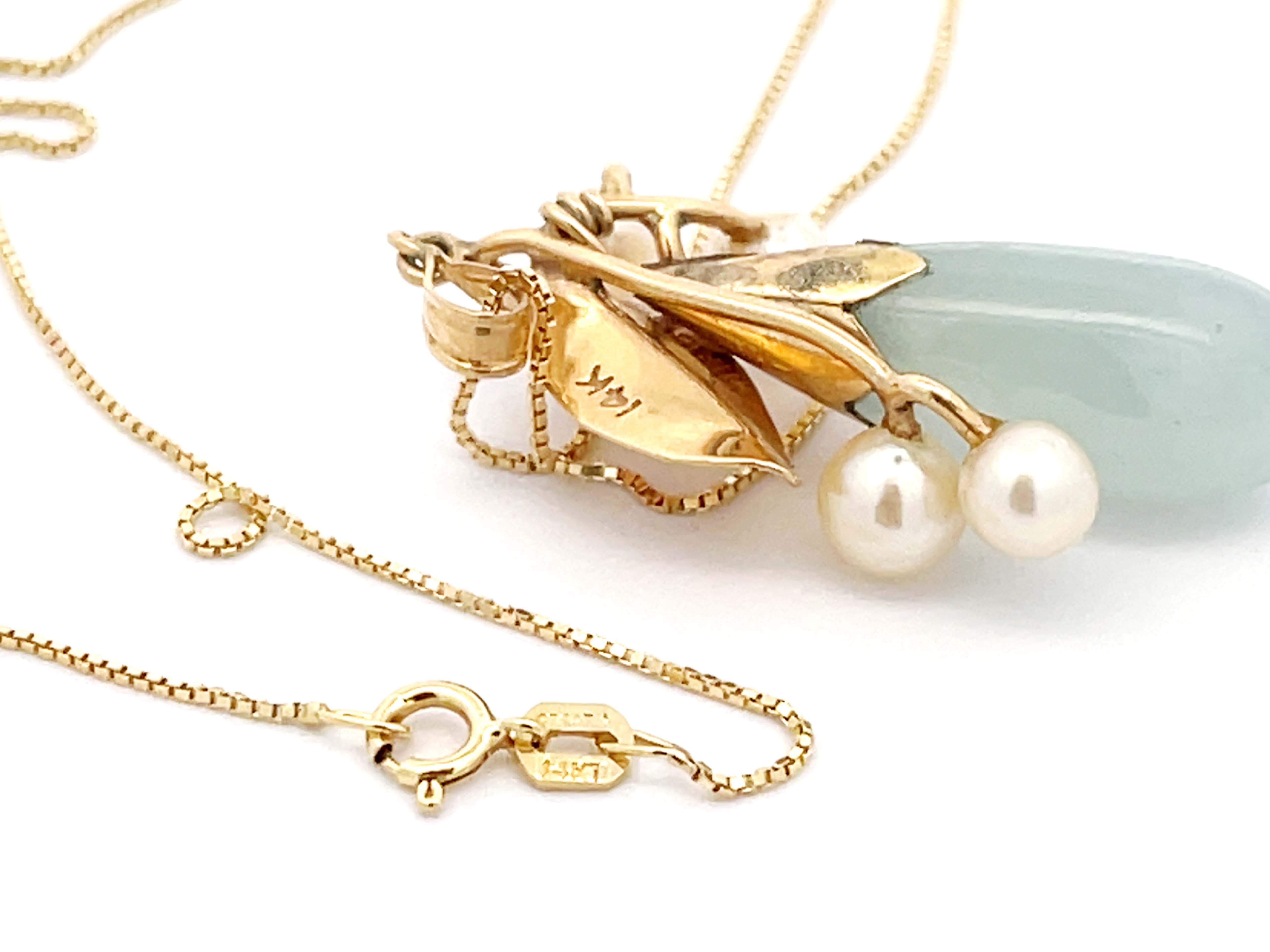Women's Mings Hawaii Jade and Pearl Leaf Pendant in 14k Yellow Gold with Chain