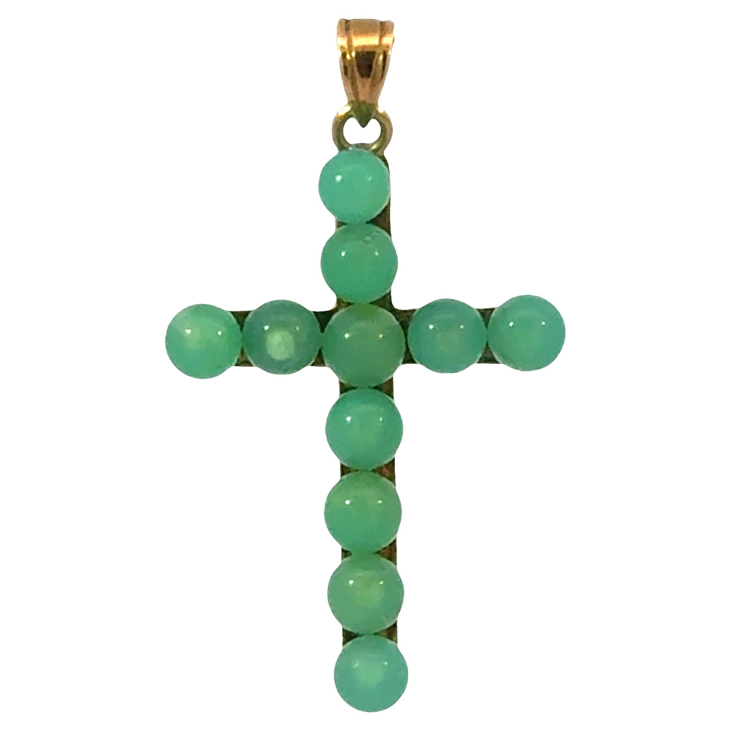 Pendentif croix en jade d'Hawaï Ming 14k or jaune