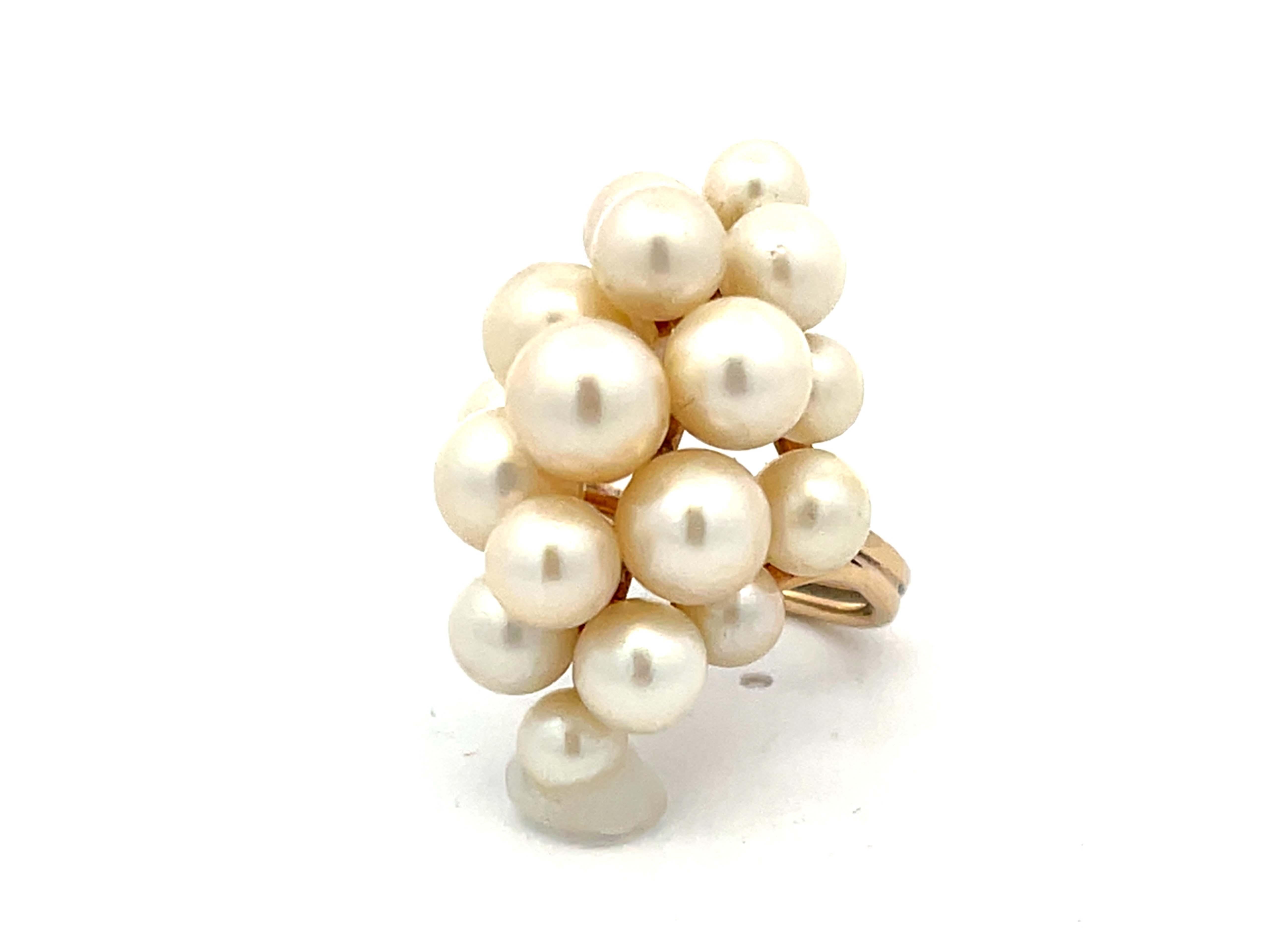 Round Cut Ming's Hawaii Large Akoya Pearl Cluster Ring 14k Yellow Gold For Sale