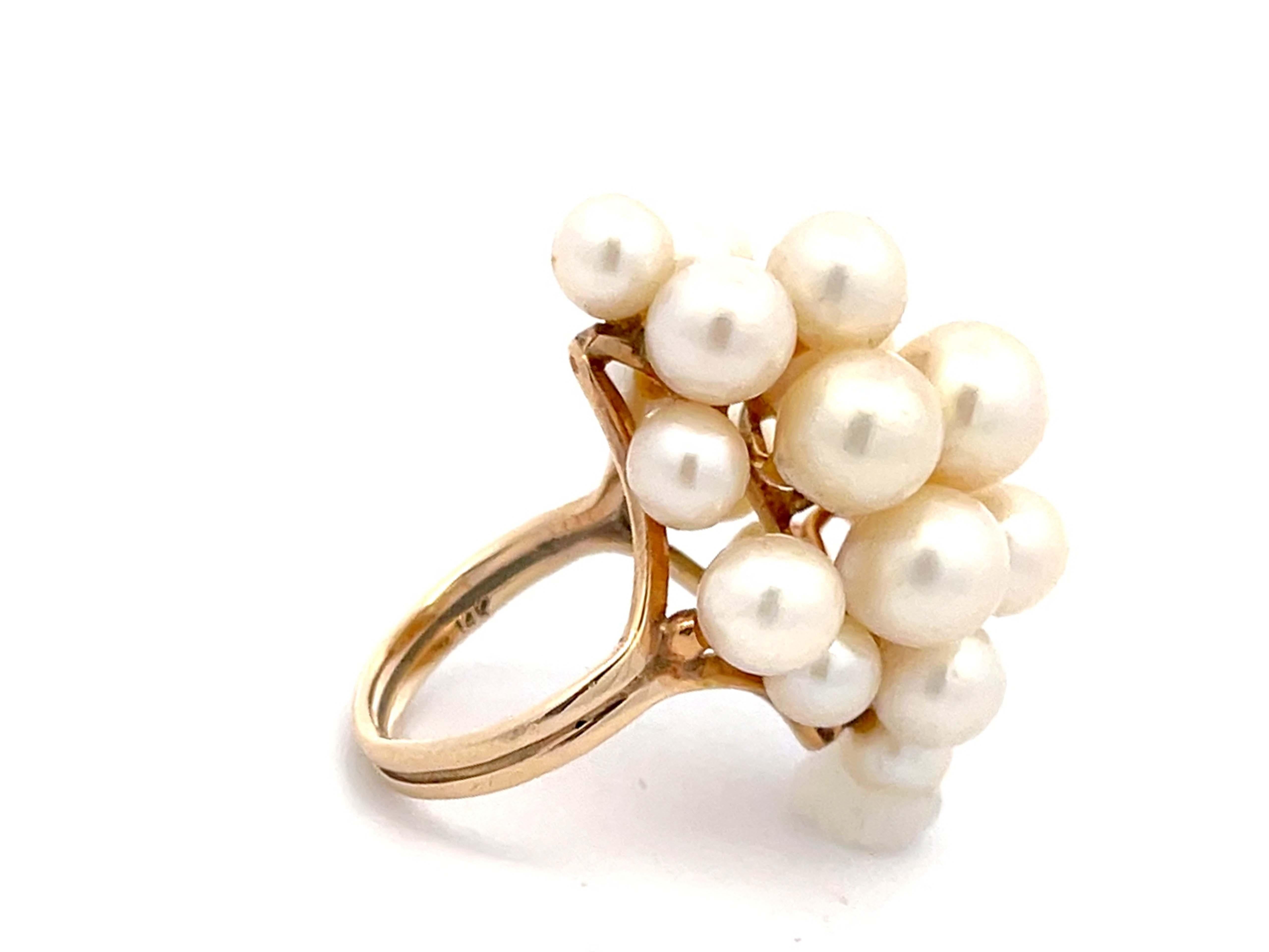 Ming's Hawaii Large Akoya Pearl Cluster Ring 14k Yellow Gold In Excellent Condition For Sale In Honolulu, HI