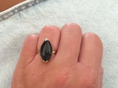 Ming's Hawaii Marquise Cabochon Black Jade Ring 14k Yellow Gold