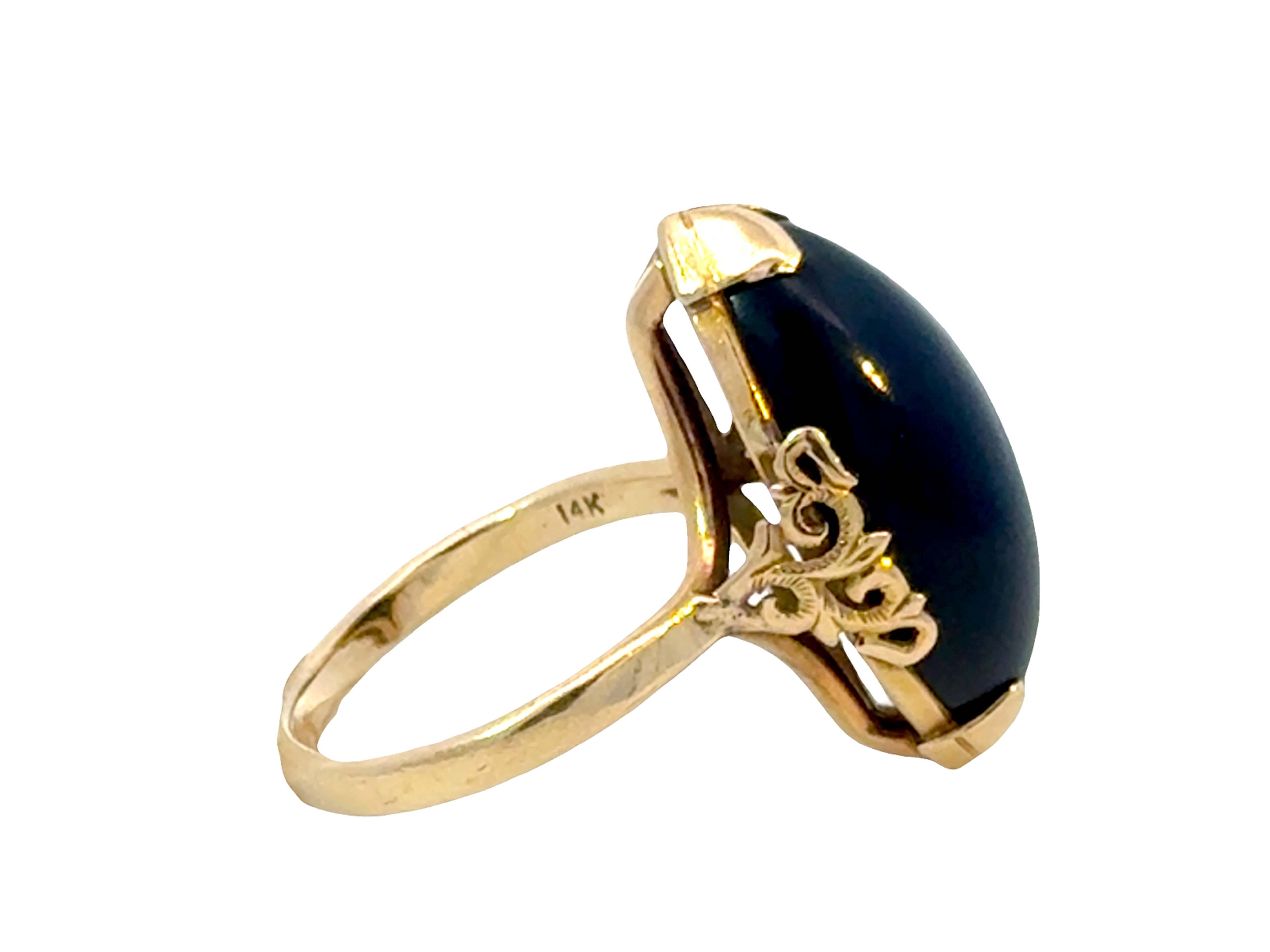 Bague en jade noir à cabochon marquis de Ming Ming Hawaii, or jaune 14k Excellent état - En vente à Honolulu, HI